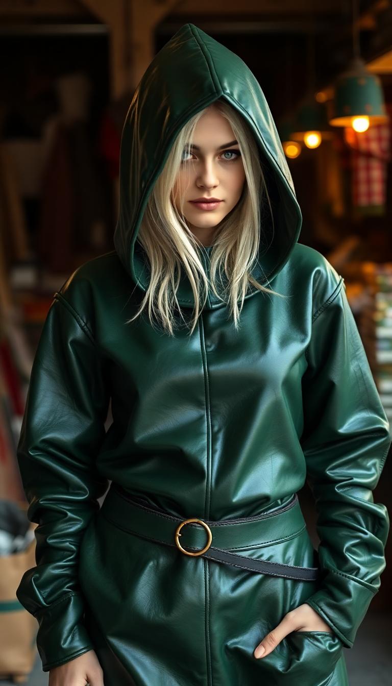 Shiny Green leather medieval tunic with hood, covering her head. A few strands of white hair escapes the deep hood. Shiny hunter green leather pants. Standingvin a dark ages market