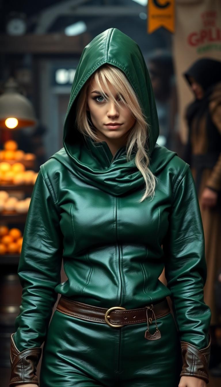 Shiny Green tight leather medieval tunic with hood, covering her head. A few strands of white hair escapes the deep hood. Shiny hunter green leather pants. Standing in a dark ages market