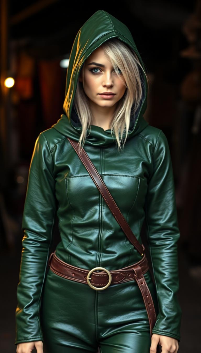 Shiny Green tight leather medieval tunic with hood, covering her head. A few strands of white hair escapes the deep hood. Shiny hunter green leather pants. Standing in a dark ages market