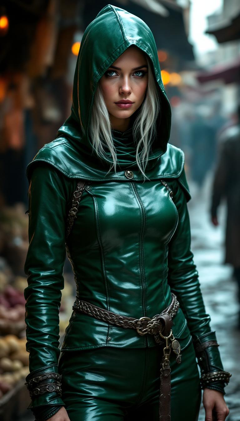 Shiny Green tight leather medieval tunic with hood, covering her head. A few strands of white hair escapes the deep hood. Shiny hunter green leather pants. Standing in a dark ages market
