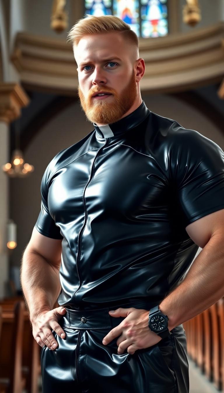 Muscled weight lifter of a man, dressed in a shiny black latex priest's uniform. Neatly cut blonde hair. bright blue eyes and a thick well groomed beard. Standing in a church