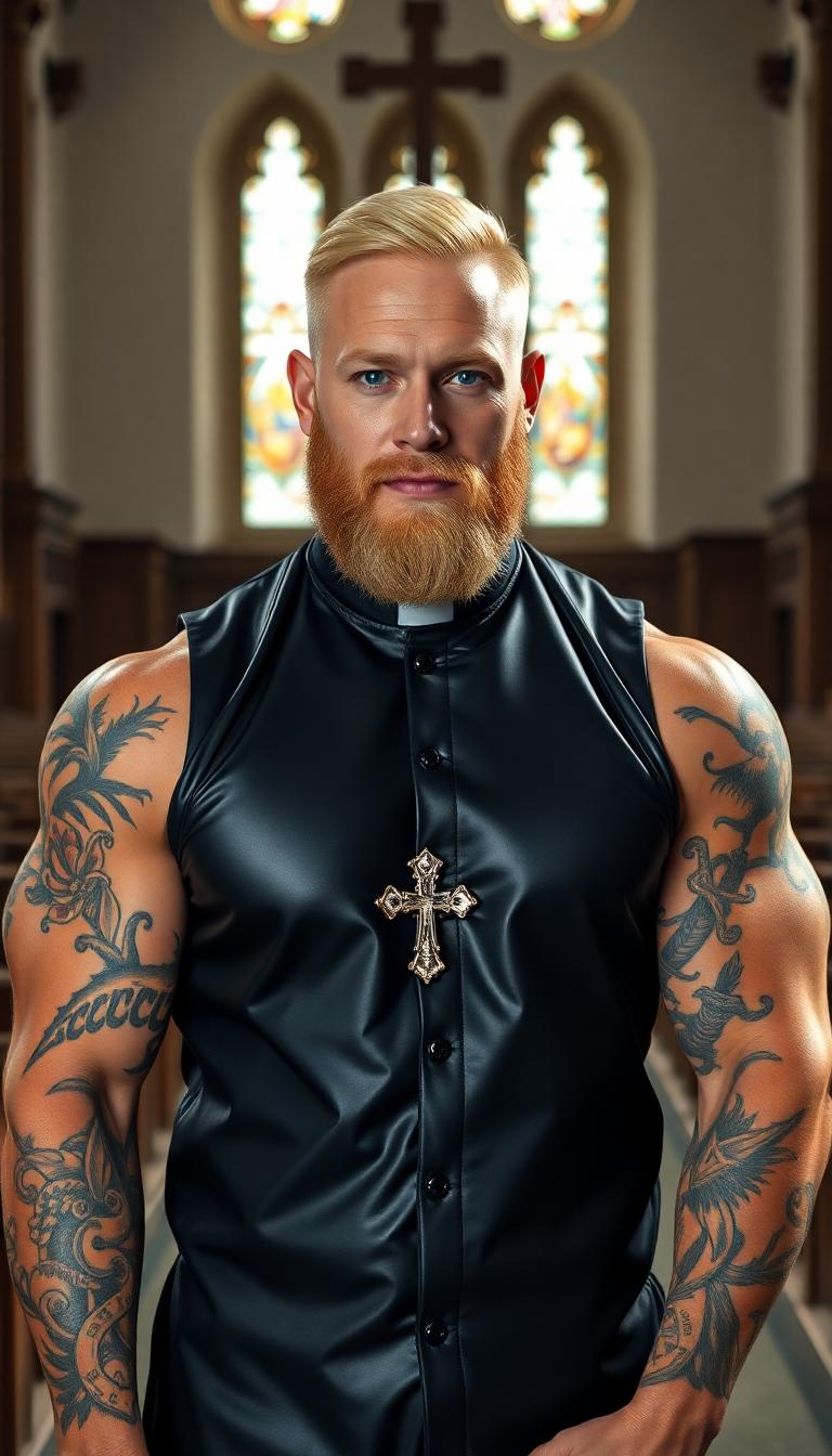 Muscled weight lifter of a man, dressed in a shiny black latex priest's uniform. Neatly cut blonde hair. bright blue eyes and a thick well groomed beard. Standing in a church. Complex Tattoos all over his arms