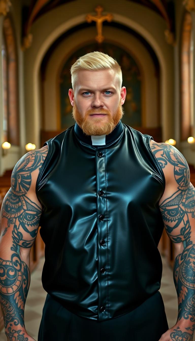 Muscled weight lifter of a man, dressed in a shiny black latex priest's uniform. Neatly cut blonde hair. bright blue eyes and a thick well groomed beard. Standing in a church. Complex Tattoos all over his arms