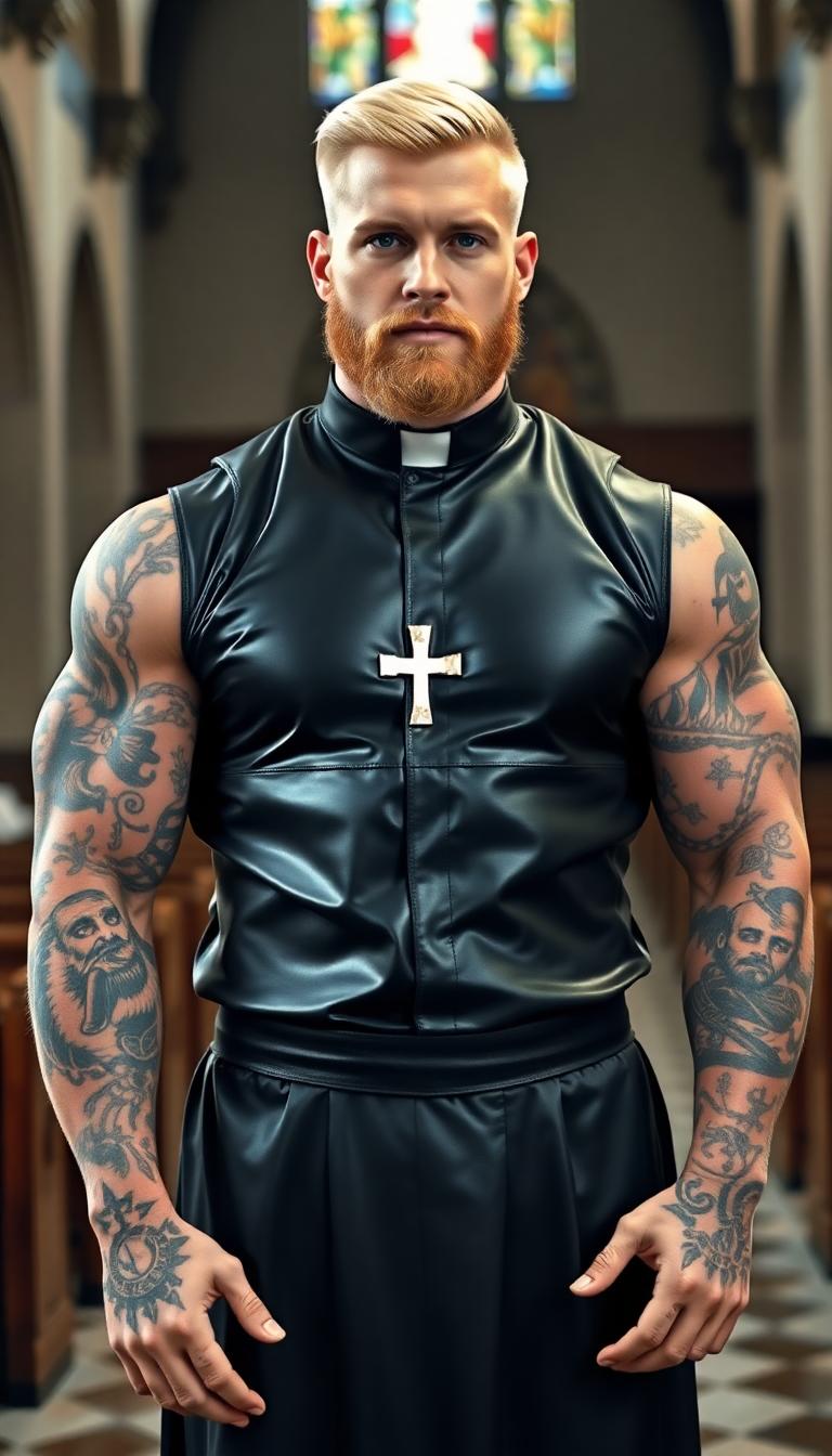 Muscled weight lifter of a man, dressed in a shiny black latex priest's uniform. Neatly cut blonde hair. bright blue eyes and a thick well groomed beard. Standing in a church. Complex Tattoos all over his arms