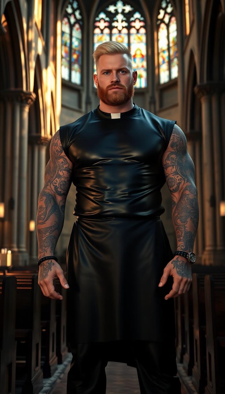 A powerful, muscled weightlifter of a man, dressed in a striking, shiny black latex priest's uniform that clings to his imposing physique, reflecting subtle highlights under the soft ambient light. His neatly cut blonde hair contrasts with his piercing bright blue eyes, and a thick, well-groomed beard frames his strong jawline. Intricate, complex tattoos cover his muscular arms, visible beneath the rolled-up sleeves of his uniform, showcasing detailed patterns and symbols etched in deep ink. He stands confidently in the grand interior of a gothic church, surrounded by towering stone arches, stained glass windows casting colorful beams of light across the scene, and rows of dark wooden pews. The composition centers on the man, positioned slightly off-center, with a low camera angle looking up to emphasize his commanding presence and strength. The mood is intense and surreal, blending reverence with an edgy, modern twist, set during late afternoon as golden sunlight filters through the windows, creating a warm yet dramatic atmosphere. Rendered in a hyper-realistic style with photorealistic textures, sharp details, and cinematic lighting, capturing every gleam of the latex and the intricate linework of the tattoos.