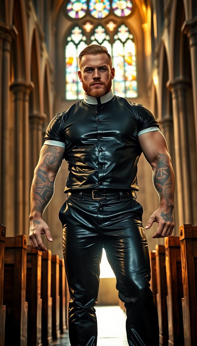 A powerful, muscled weightlifter of a man, dressed in a striking, shiny black latex short sleeve dress shirt, white clerical collar and shiny black latex trousers that clings to his imposing physique, reflecting subtle highlights under the soft ambient light. His neatly cut blonde hair contrasts with his piercing bright blue eyes, and a thick, well-groomed beard frames his strong jawline. Intricate, complex tattoos cover his muscular arms, visible beneath the rolled-up sleeves of his uniform, showcasing detailed patterns and symbols etched in deep ink. He stands confidently in the grand interior of a gothic church, surrounded by towering stone arches, stained glass windows casting colorful beams of light across the scene, and rows of dark wooden pews. The composition centers on the man, positioned slightly off-center, with a low camera angle looking up to emphasize his commanding presence and strength. The mood is intense and surreal, blending reverence with an edgy, modern twist, set during late afternoon as golden sunlight filters through the windows, creating a warm yet dramatic atmosphere. Rendered in a hyper-realistic style with photorealistic textures, sharp details, and cinematic lighting, capturing every gleam of the latex and the intricate linework of the tattoos.