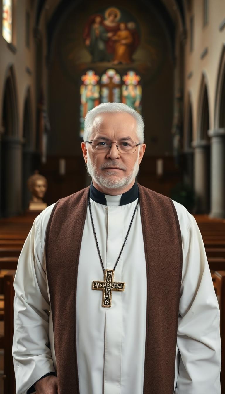 Mid 40s, strong looking priest. Standing in a church