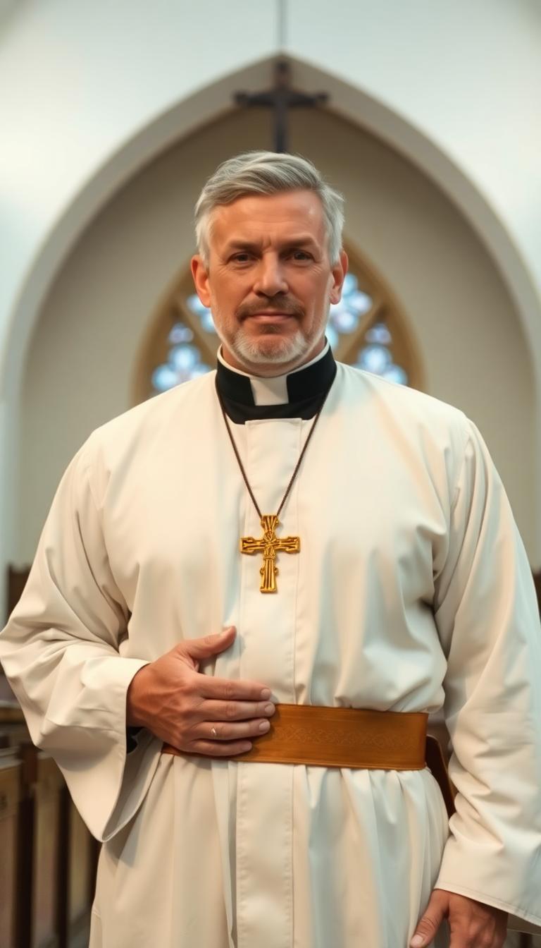 Mid 40s, strong looking priest. Standing in a church