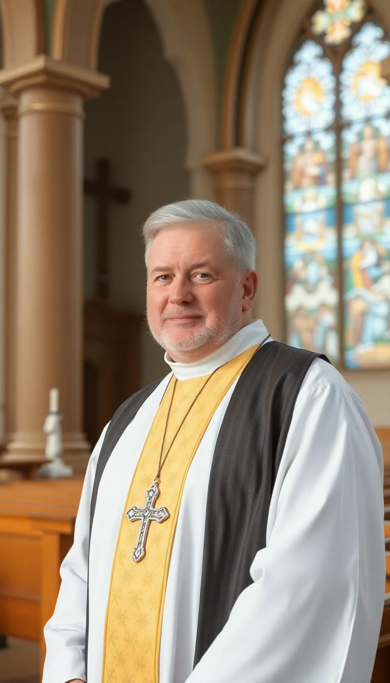 Mid 40s, strong looking priest. Standing in a church