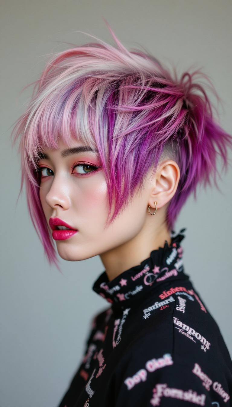 colored punk hairstyle of an asian lady with an editorial vibe