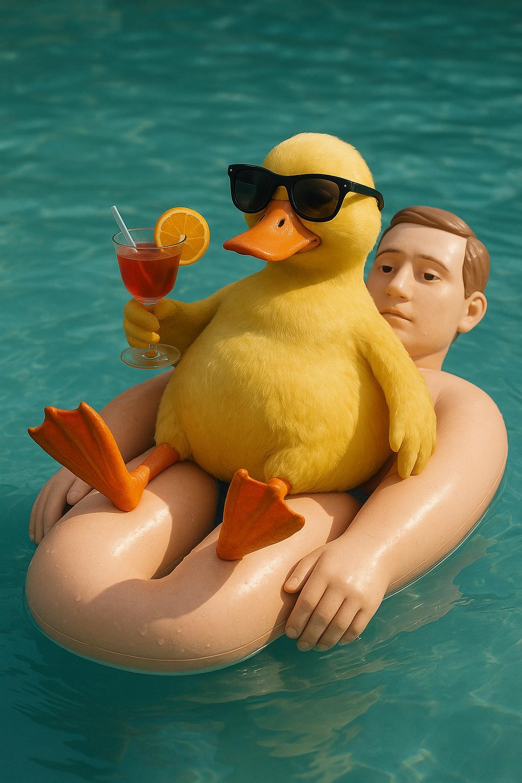 cool duck wearing sunglasses is using a human floatie, the duck is relaxed with feet extended and is having a cocktail, the human expression is numb and neutral like a toy, make it in rendered realistic style