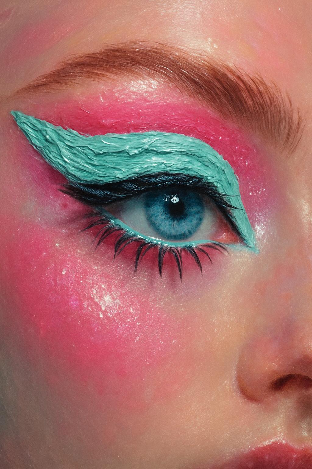 A striking eye makeup close-up with icy mint liner, hot pink shadows, and dreamy sparkle. Use thick impasto for the eyeliner strokes and fluttery lashes, while soft brush blending creates a surreal glow around the eye. Paint the skin with subtle shimmer and smooth gradations for realism. clear ice blue iris