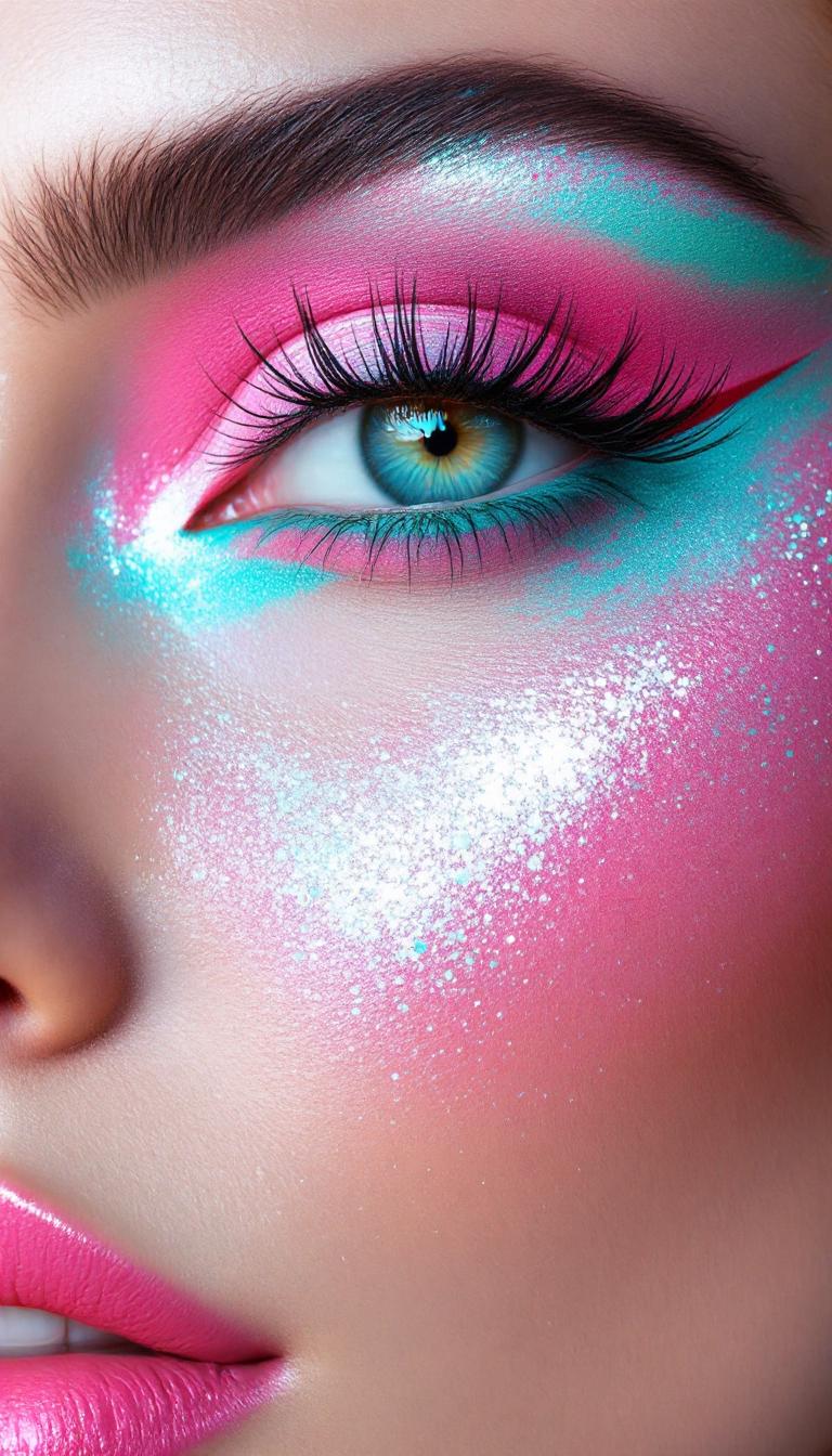 A striking eye makeup close-up with icy mint liner, hot pink shadows, and dreamy sparkle. Use thick impasto for the eyeliner strokes and fluttery lashes, while soft brush blending creates a surreal glow around the eye. Paint the skin with subtle shimmer and smooth gradations for realism.
