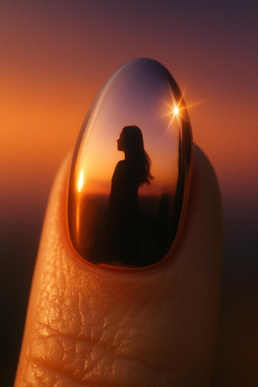 Extreme macro shot of the index finger only, tilting the rose-gold chrome nail toward sun; reflected INFLUENCER GIRL forms AS a miniature horizon line across the nail plate.  
Pearly skin texture, single droplet of light flares at the apex; everything else softly blurred burnt-orange AND PURPLE sky.  Same color-grade and grain as Hero for cohesion.