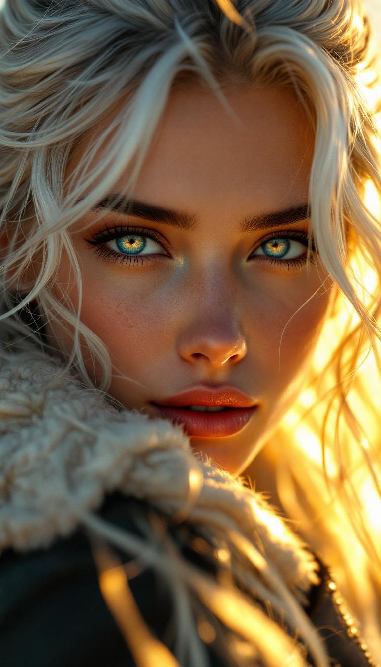 Ultra-realistic, high-detail first-person perspective of someone looking at 2B as she slowly turns toward the viewer. The warm glow of golden hour sunlight caresses her face, illuminating her stunning deep blue eyes with lifelike reflections. Her silver-white hair flows gently in the breeze, individual strands catching the light with photorealistic softness. A subtle motion blur enhances the background, placing full emotional focus on 2B. Her gloved hand is visible in the foreground—leather texture and stitching rendered in exquisite detail. Her expression is a perfect blend of strength and vulnerability, radiating silent affection. There is unmistakable love in her eyes, conveyed through a delicate balance of tension and tenderness. The entire scene is cinematic in tone—emotive, breathtaking, and deeply human.
