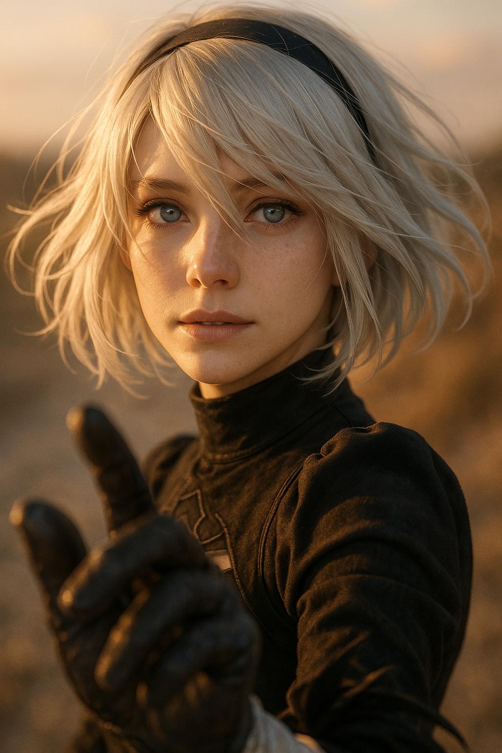 Ultra-realistic, high-detail first-person perspective of someone looking at 2B as she slowly turns toward the viewer. The warm glow of golden hour sunlight caresses her face, illuminating her stunning deep blue eyes with lifelike reflections. Her silver-white hair flows gently in the breeze, individual strands catching the light with photorealistic softness. A subtle motion blur enhances the background, placing full emotional focus on 2B. Her gloved hand is visible in the foreground—leather texture and stitching rendered in exquisite detail. Her expression is a perfect blend of strength and vulnerability, radiating silent affection. There is unmistakable love in her eyes, conveyed through a delicate balance of tension and tenderness. The entire scene is cinematic in tone—emotive, breathtaking, and deeply human.
