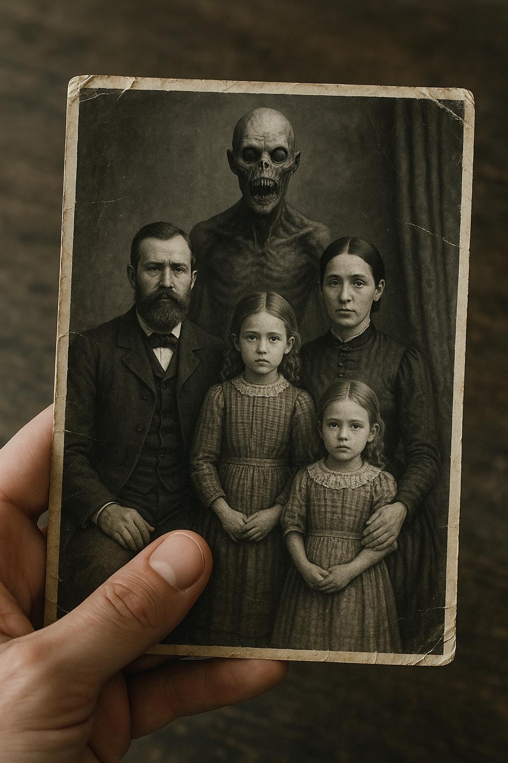 Immagine iperrealistica in cui una mano tiene una vecchia fotografia in bianco e nero (in pratica sarebbe un pov di una persona che tiene in mano la foto). La foto raffigura una famiglia ottocentesca padre, madre e due bambine; alle loro spalle c'è un'inquietante figura umanoide mostruosa