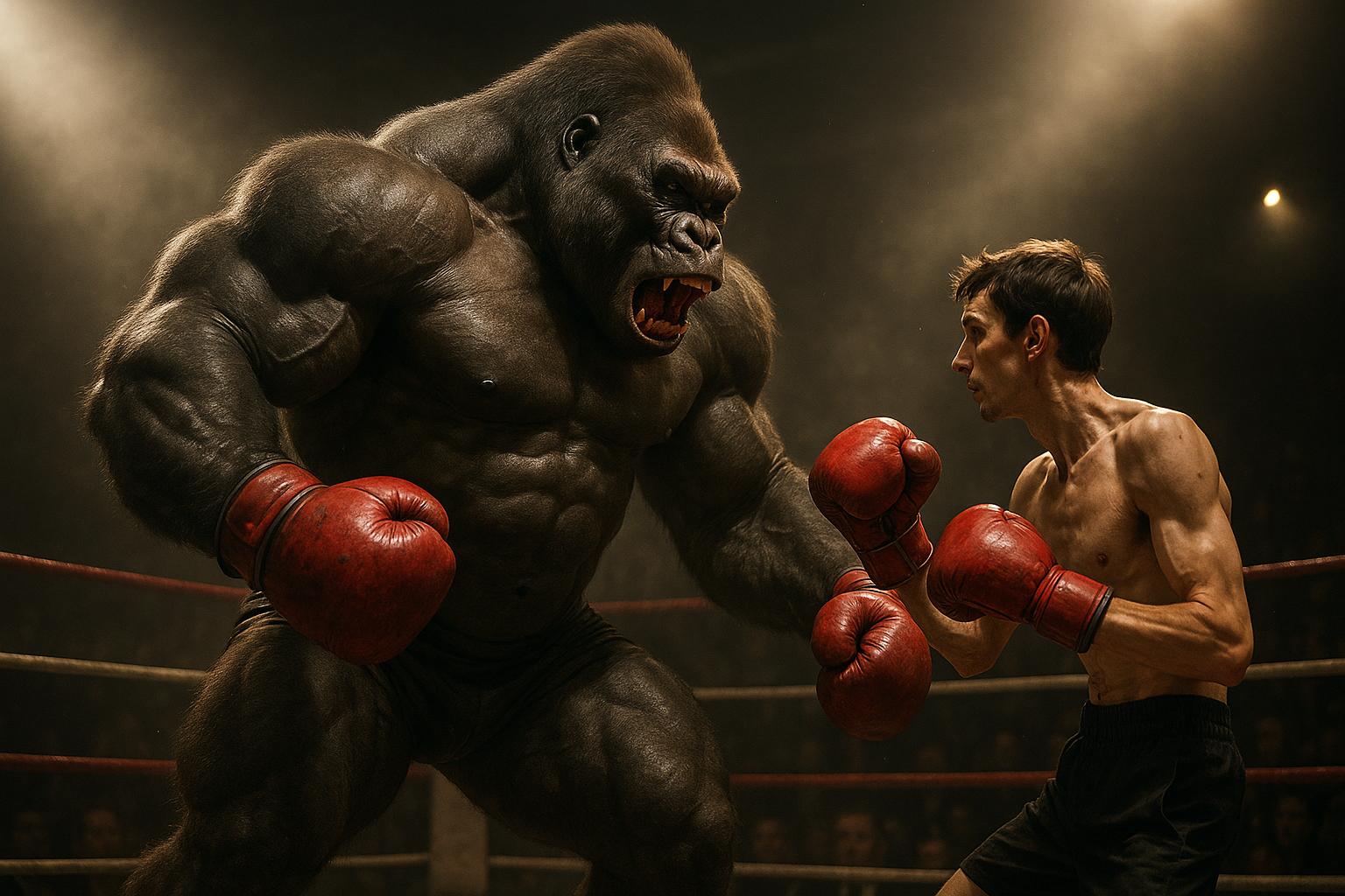 ultra realistic image of an extreme huge and absurd muscular gorilla fighting against a tiny slim man in boxing arena, dramatic scenery, dramatic light