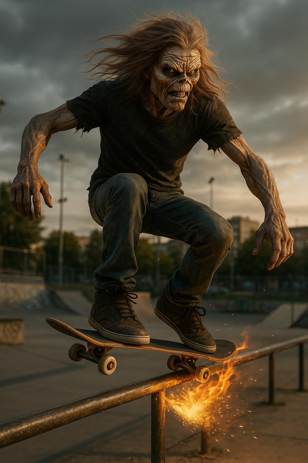A hyper-realistic photo of Eddie from Iron Maiden performing a skateboard trick in mid-air at an urban skatepark. He appears as a lifelike humanoid creature, with realistic skin textures, visible muscle structure, and gritty clothing resembling a heavy metal rocker — not as a cartoon or illustration. His long messy hair flows with the motion, and his intense eyes are focused. The environment is moody, with dramatic natural lighting and realistic shadows, captured as if shot with a high-end DSLR during golden hour. Flames or sparks come from the board as he grinds a rail, adding cinematic energy.