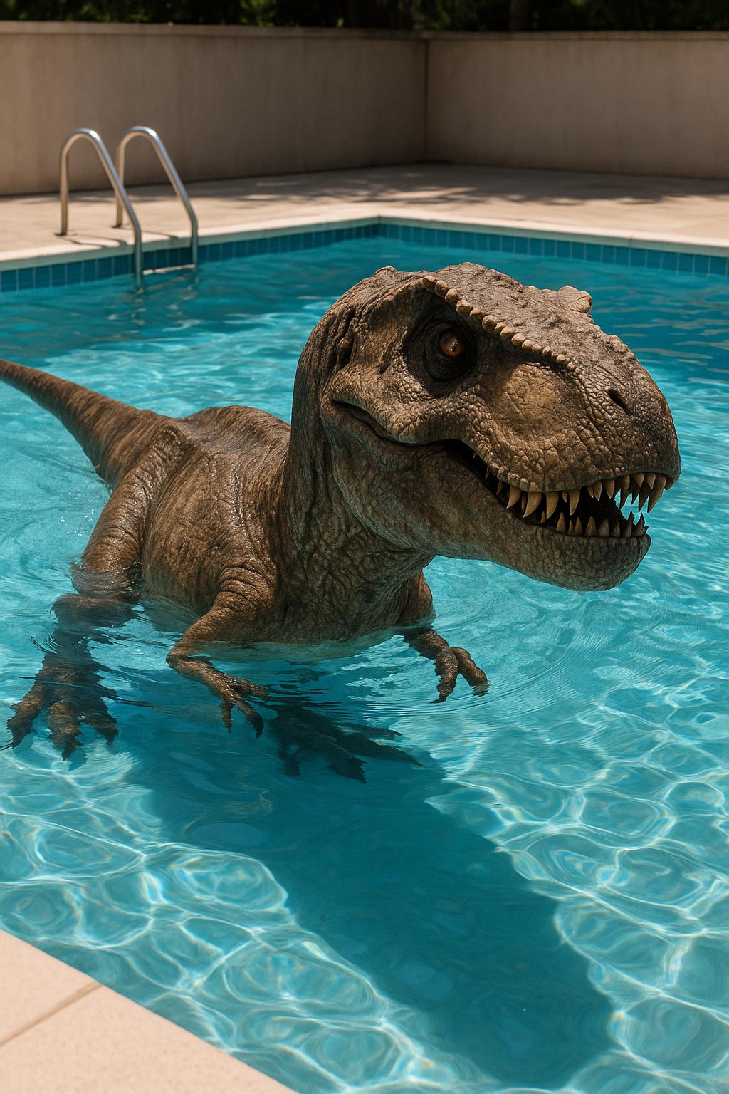 hyper realistic T-Rex dinosaur in swimming pool