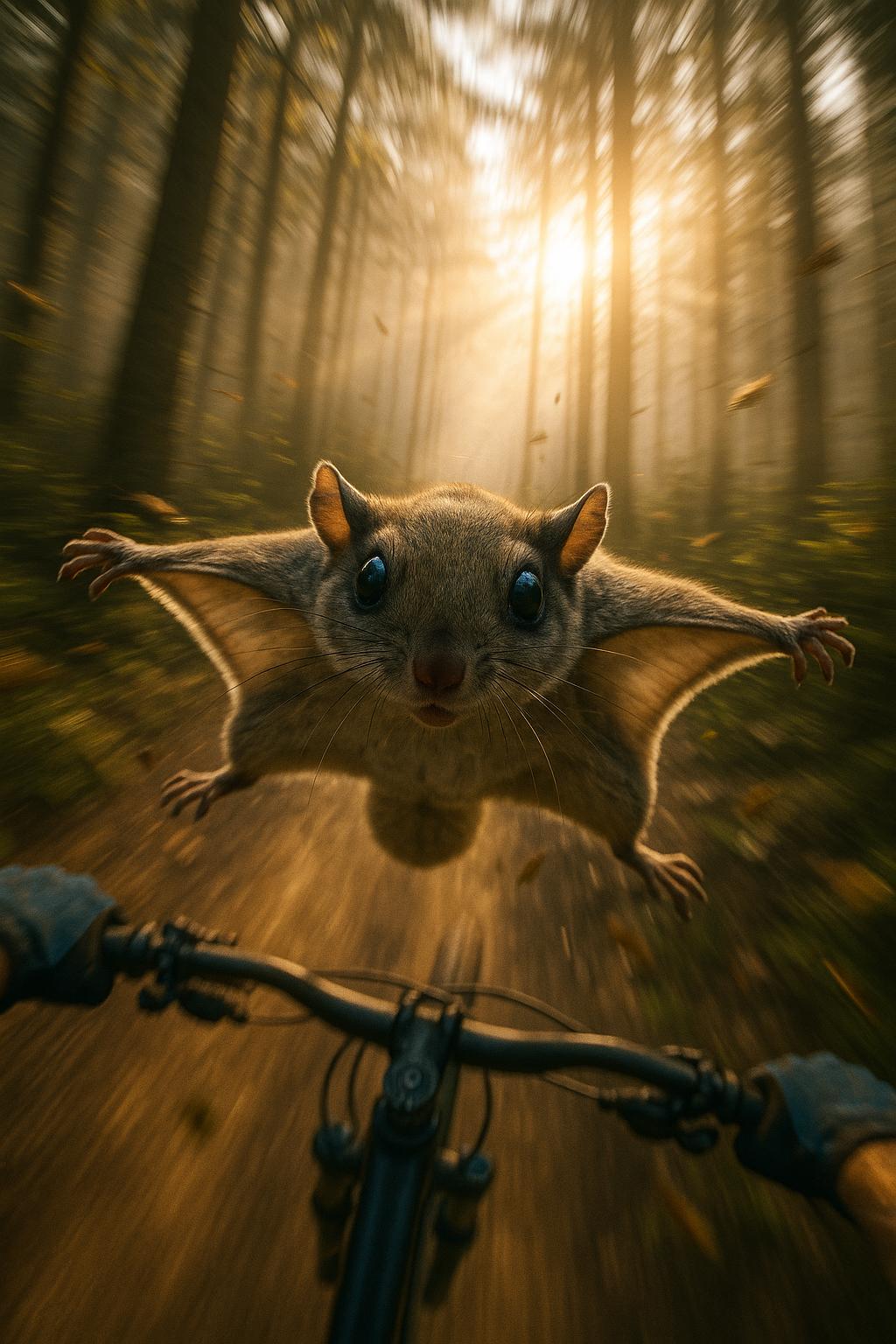 First-person GoPro perspective of a high-speed mountain bike descent through a dense, misty forest trail, camera slightly shaking with realistic motion blur and light jitter. Golden hour sunlight filters sharply through tall trees overhead, casting dynamic shadows across a narrow dirt path. Center frame: an ultra-detailed, dramatic close-up of a flying squirrel mid-glide, wings fully outstretched, fur ruffled by rushing air, eyes wide in a tense moment just before impact with the lens. The squirrel appears frozen in a split-second of chaos—hyper-real textures, intense eye contact. Background shows blurred foliage whipping past, airborne leaves swirling in the wind. Cinematic depth of field with razor-sharp focus on the squirrel’s face, everything else subtly trailing into dynamic blur. Shot feels visceral, fast, and heart-pounding—like a still from a 4K action cam at 120fps.