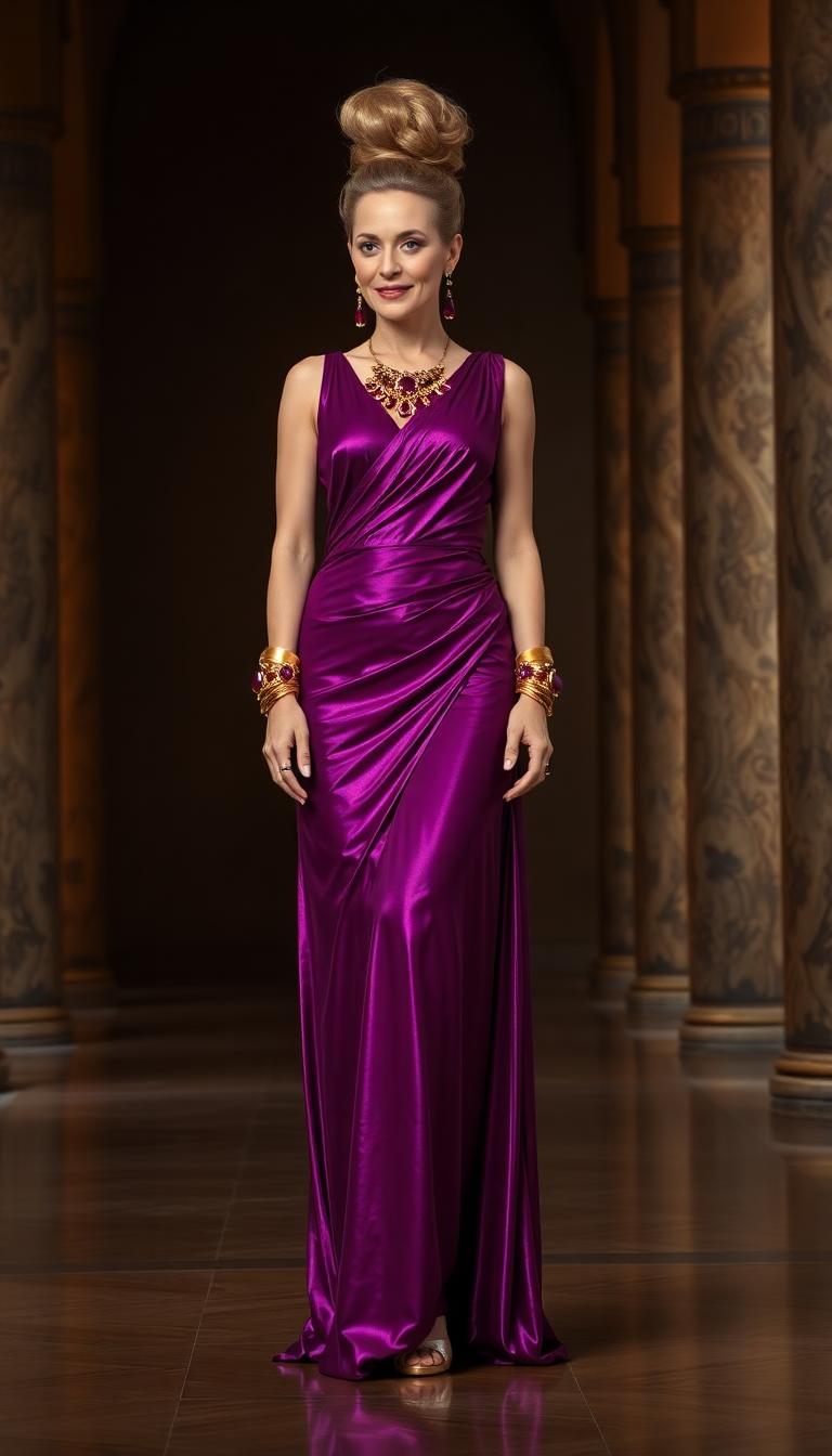 Tall woman, late 40s, dressed in a shimmering purple floor length roman stola. Her legs wrapped in gold gladiator heels. Her golden blonde upon her head in a complex updo. Standing in a nightime hall of Roman design. She's wearing elegant jewelry of rubies and gold. Drop style ruby earrings. She wears large golden bracelets on her forearms