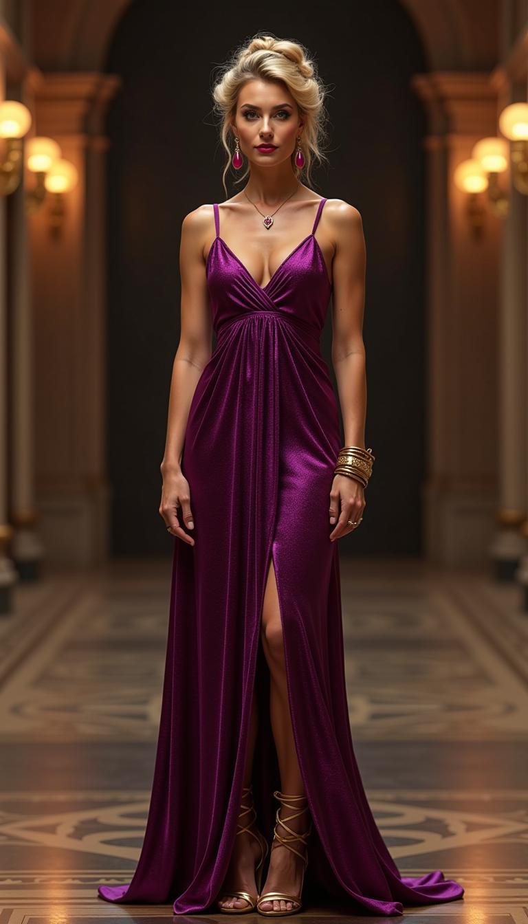 Tall woman, late 40s, dressed in a shimmering purple floor length roman stola. Her legs wrapped in gold gladiator heels. Her golden blonde upon her head in a complex updo. Standing in a nightime hall of Roman design. She's wearing elegant jewelry of rubies and gold. Drop style ruby earrings. She wears large golden bracelets on her forearms