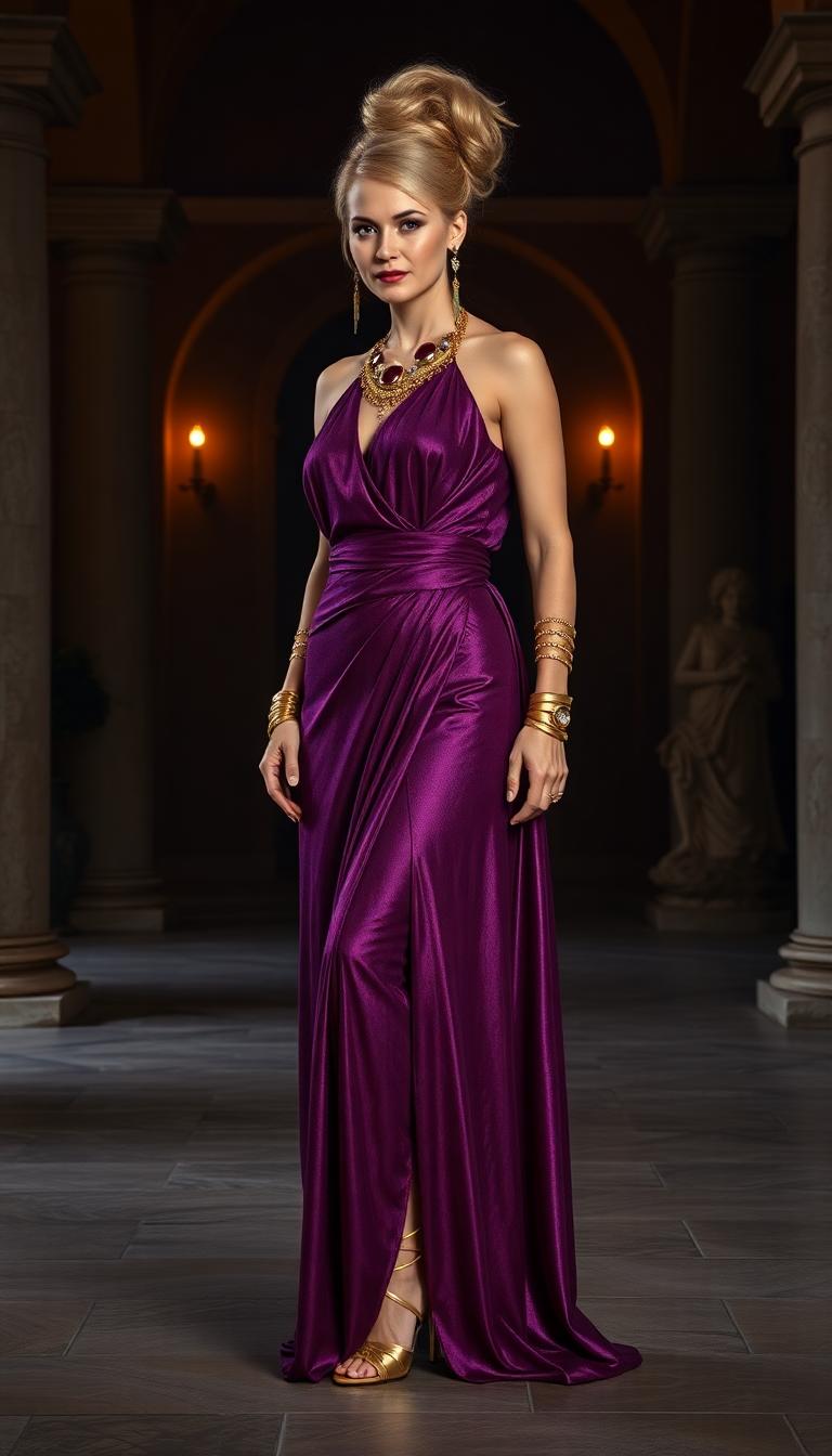 A striking, tall vampiric woman in her late 40s, exuding an aura of dark elegance, stands confidently in the grand hall of an ancient Roman villa at nighttime. She wears a shimmering purple floor-length Roman stola, the fabric cascading in luxurious folds with a subtle metallic sheen that catches the faint moonlight streaming through tall marble columns. Her legs are adorned with intricate gold gladiator heels, the straps winding up her calves with a polished, regal gleam. Her golden blonde hair is styled in a complex, ornate updo, with delicate braids and curls pinned meticulously, framing her sharp, otherworldly features. Her piercing gaze and pale, porcelain skin hint at her supernatural nature, while her elegant jewelry—ruby and gold necklaces, drop-style ruby earrings swaying gently, and large golden bracelets encircling her forearms—adds a touch of opulent menace. The hall around her is a masterpiece of Roman architecture, with intricate mosaics on the floor, towering ionic columns, and flickering torchlight casting dramatic shadows across the stone walls. The composition focuses on her commanding presence, positioned centrally with a slight tilt to her posture, as if surveying her domain, captured from a low-angle perspective to emphasize her height and power. The mood is haunting yet majestic, with a cool, midnight ambiance, the air thick with mystery and ancient secrets, illuminated by the soft, warm glow of torches and the cold silver of moonlight. Rendered in a hyper-realistic style reminiscent of classical oil paintings, with meticulous attention to texture—the smoothness of marble, the shimmer of silk, and the glint of gold—and a cinematic depth of field that keeps her sharply in focus against the subtly blurred grandeur of the background.