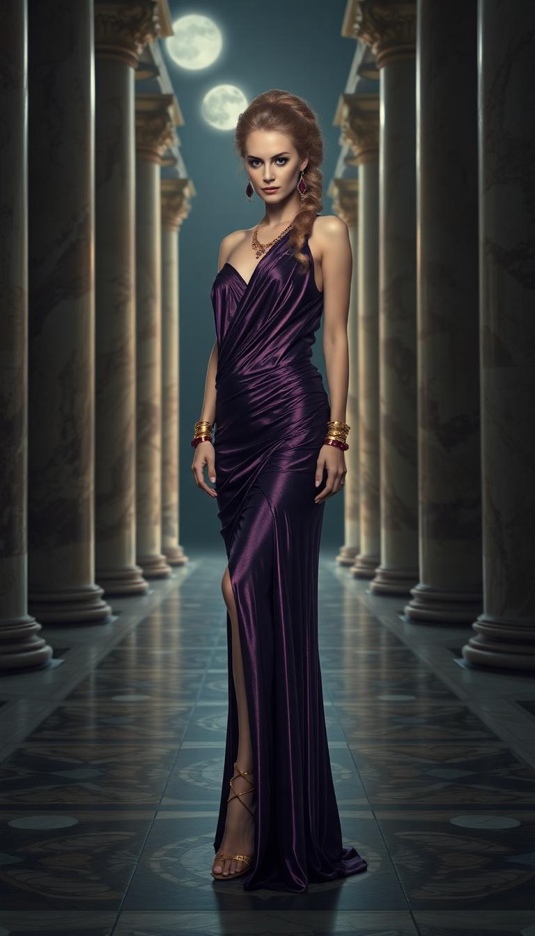A striking, tall vampire queen in her late 40s, exuding an aura of dark elegance, stands confidently in the grand hall of an ancient Roman villa at nighttime. She wears a shimmering purple floor-length Roman stola, the fabric cascading in luxurious folds with a subtle metallic sheen that catches the faint moonlight streaming through tall marble columns. Her legs are adorned with intricate gold gladiator heels, the straps winding up her calves with a polished, regal gleam. Her black hair is styled in a complex, ornate updo, with delicate braids and curls pinned meticulously, framing her sharp, otherworldly features. Her piercing gaze and pale, porcelain skin hint at her supernatural nature, while her elegant jewelry—ruby and gold necklaces, drop-style ruby earrings swaying gently, and large golden bracelets encircling her forearms—adds a touch of opulent menace. The hall around her is a masterpiece of Roman architecture, with intricate mosaics on the floor, towering ionic columns, and flickering torchlight casting dramatic shadows across the stone walls. The composition focuses on her commanding presence, positioned centrally with a slight tilt to her posture, as if surveying her domain, captured from a low-angle perspective to emphasize her height and power. The mood is haunting yet majestic, with a cool, midnight ambiance, the air thick with mystery and ancient secrets, illuminated by the soft, warm glow of torches and the cold silver of moonlight. Rendered in a hyper-realistic style reminiscent of classical oil paintings, with meticulous attention to texture—the smoothness of marble, the shimmer of silk, and the glint of gold—and a cinematic depth of field that keeps her sharply in focus against the subtly blurred grandeur of the background.