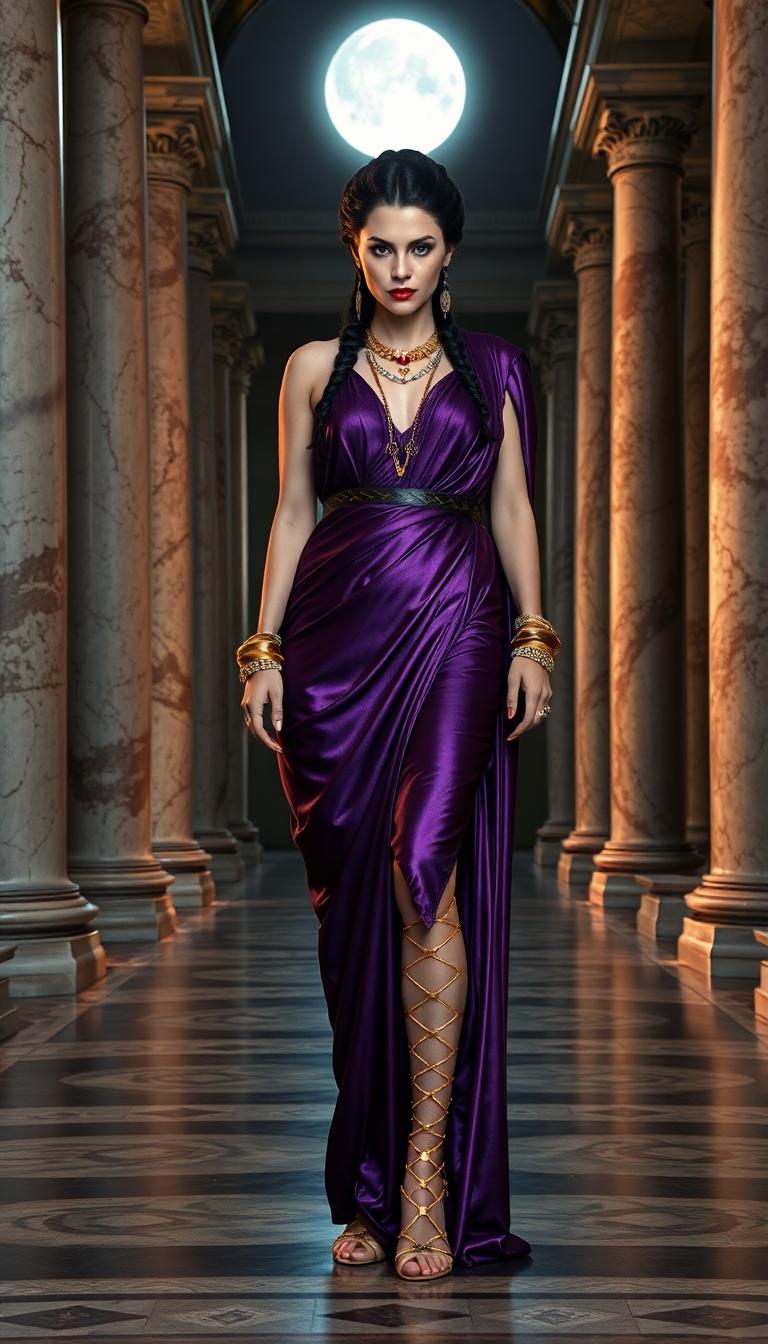 A striking, tall vampire queen in her late 40s, exuding an aura of dark elegance, stands confidently in the grand hall of an ancient Roman villa at nighttime. She wears a shimmering purple floor-length Roman stola, the fabric cascading in luxurious folds with a subtle metallic sheen that catches the faint moonlight streaming through tall marble columns. Her legs are adorned with intricate gold gladiator heels, the straps winding up her calves with a polished, regal gleam. Her black hair is styled in a complex, ornate updo, with delicate braids and curls pinned meticulously, framing her sharp, otherworldly features. Her piercing gaze and pale, porcelain skin hint at her supernatural nature, while her elegant jewelry—ruby and gold necklaces, drop-style ruby earrings swaying gently, and large golden bracelets encircling her forearms—adds a touch of opulent menace. The hall around her is a masterpiece of Roman architecture, with intricate mosaics on the floor, towering ionic columns, and flickering torchlight casting dramatic shadows across the stone walls. The composition focuses on her commanding presence, positioned centrally with a slight tilt to her posture, as if surveying her domain, captured from a low-angle perspective to emphasize her height and power. The mood is haunting yet majestic, with a cool, midnight ambiance, the air thick with mystery and ancient secrets, illuminated by the soft, warm glow of torches and the cold silver of moonlight. Rendered in a hyper-realistic style reminiscent of classical oil paintings, with meticulous attention to texture—the smoothness of marble, the shimmer of silk, and the glint of gold—and a cinematic depth of field that keeps her sharply in focus against the subtly blurred grandeur of the background.