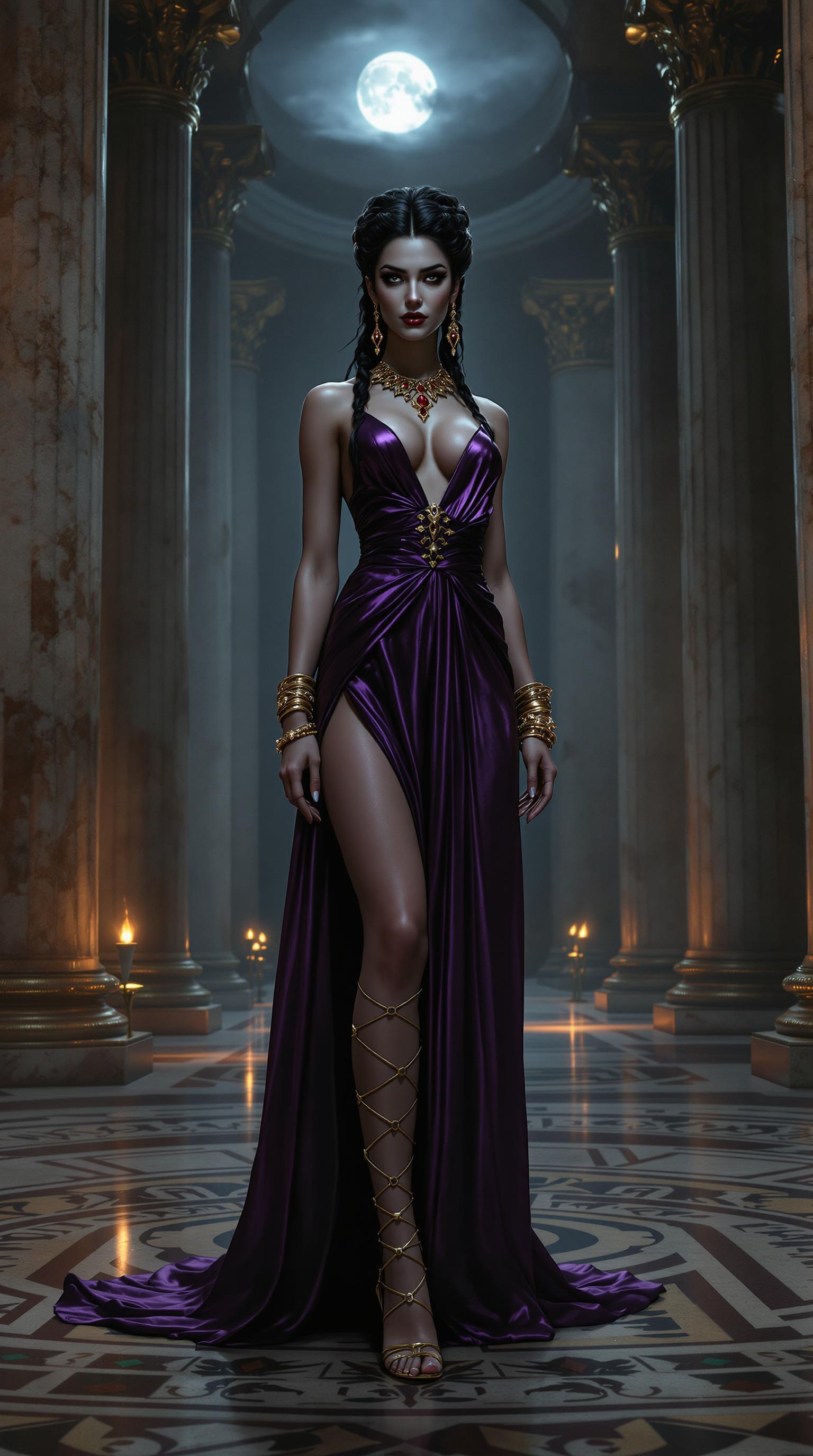 A striking, tall vampire queen in her late 40s, exuding an aura of dark elegance, stands confidently in the grand hall of an ancient Roman villa at nighttime. She wears a shimmering purple floor-length Roman stola, the fabric cascading in luxurious folds with a subtle metallic sheen that catches the faint moonlight streaming through tall marble columns. Her legs are adorned with intricate gold gladiator heels, the straps winding up her calves with a polished, regal gleam. Her black hair is styled in a complex, ornate updo, with delicate braids and curls pinned meticulously, framing her sharp, otherworldly features. Her piercing gaze and pale, porcelain skin hint at her supernatural nature, while her elegant jewelry—ruby and gold necklaces, drop-style ruby earrings swaying gently, and large golden bracelets encircling her forearms—adds a touch of opulent menace. The hall around her is a masterpiece of Roman architecture, with intricate mosaics on the floor, towering ionic columns, and flickering torchlight casting dramatic shadows across the stone walls. The composition focuses on her commanding presence, positioned centrally with a slight tilt to her posture, as if surveying her domain, captured from a low-angle perspective to emphasize her height and power. The mood is haunting yet majestic, with a cool, midnight ambiance, the air thick with mystery and ancient secrets, illuminated by the soft, warm glow of torches and the cold silver of moonlight. Rendered in a hyper-realistic style reminiscent of classical oil paintings, with meticulous attention to texture—the smoothness of marble, the shimmer of silk, and the glint of gold—and a cinematic depth of field that keeps her sharply in focus against the subtly blurred grandeur of the background.