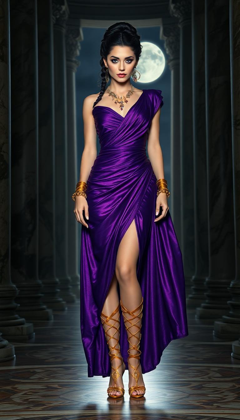A striking, tall vampire queen in her late 40s, exuding an aura of dark elegance, stands confidently in the grand hall of an ancient Roman villa at nighttime. She wears a shimmering purple floor-length Roman stola, the fabric cascading in luxurious folds with a subtle metallic sheen that catches the faint moonlight streaming through tall marble columns. Her legs are adorned with intricate gold gladiator heels, the straps winding up her calves with a polished, regal gleam. Her black hair is styled in a complex, ornate updo, with delicate braids and curls pinned meticulously, framing her sharp, otherworldly features. Her piercing gaze and pale, porcelain skin hint at her supernatural nature, while her elegant jewelry—ruby and gold necklaces, drop-style ruby earrings swaying gently, and large golden bracelets encircling her forearms—adds a touch of opulent menace. The hall around her is a masterpiece of Roman architecture, with intricate mosaics on the floor, towering ionic columns, and flickering torchlight casting dramatic shadows across the stone walls. The composition focuses on her commanding presence, positioned centrally with a slight tilt to her posture, as if surveying her domain, captured from a low-angle perspective to emphasize her height and power. The mood is haunting yet majestic, with a cool, midnight ambiance, the air thick with mystery and ancient secrets, illuminated by the soft, warm glow of torches and the cold silver of moonlight. Rendered in a hyper-realistic style reminiscent of classical oil paintings, with meticulous attention to texture—the smoothness of marble, the shimmer of silk, and the glint of gold—and a cinematic depth of field that keeps her sharply in focus against the subtly blurred grandeur of the background.