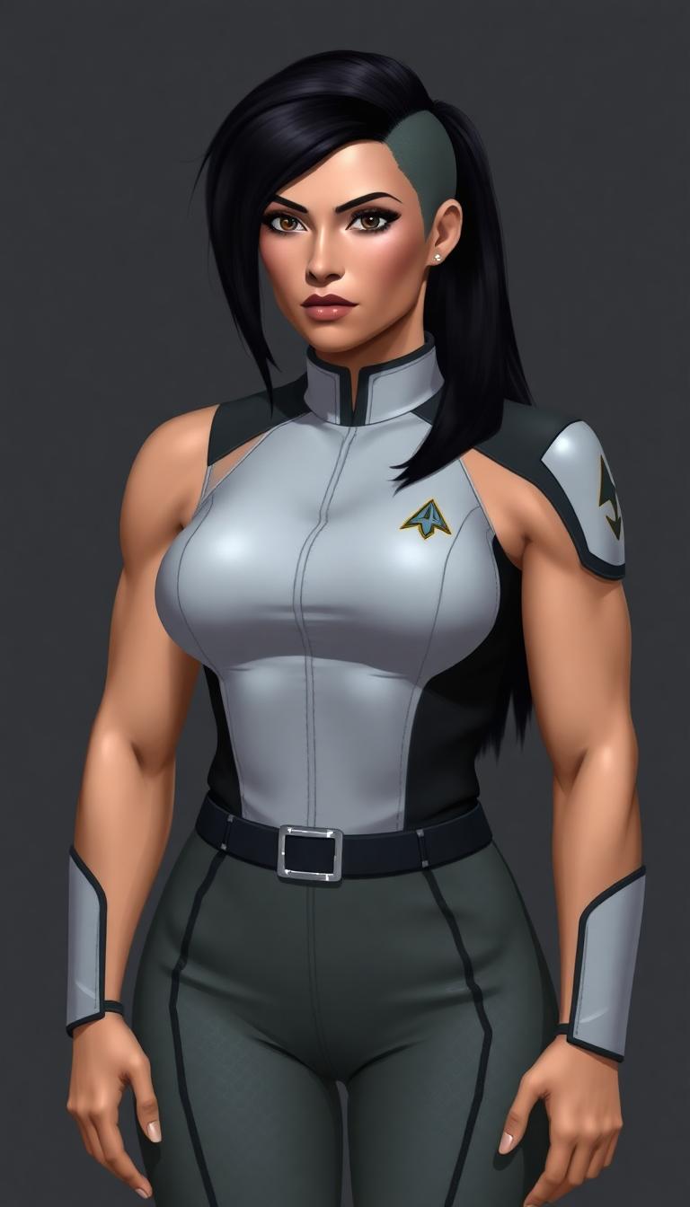 Heavy muscles, squat build, woman. Black hair cut shaved on one side and long past the shoulder on the other. Starfleet uniform