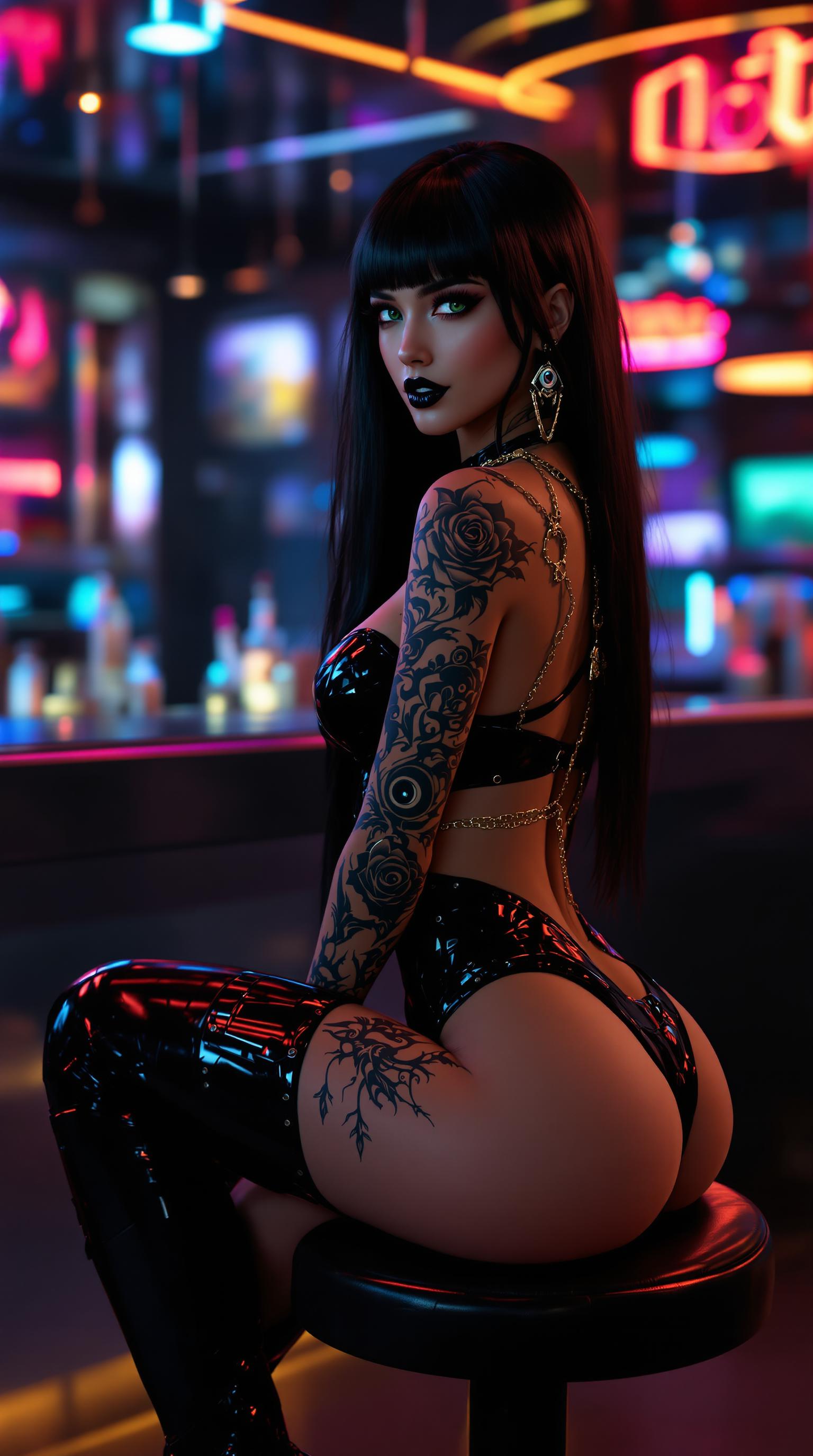 A captivating portrait of a single woman, solo focus, with striking black hair cascading long and straight down her back, blunt bangs framing her face. Her piercing green eyes are accentuated by dramatic black eyeshadow and bold black lipstick, with long, defined eyelashes adding intensity to her gaze. She has a confident smile, a toned physique, and medium breasts, her body adorned with intricate tattoos—a delicate rose tattoo, bold tribal designs, and an elegant back tattoo featuring a black hole tramp stamp. She wears sleek black armor, including a detailed cuirass, shoulder armor, and a pelvic curtain that highlights her form, with subtle glimpses of sideboob and butt crack visible from her provocative pose. Gold back chains and black hole-inspired jewelry add a futuristic edge to her look. Her thigh-high boots gleam with a polished finish as she sits seductively on a barstool in a futuristic cocktail bar, the scene bathed in vibrant neon lights of red, blue, and yellow casting dynamic reflections on the polished surfaces. The composition focuses on her looking back at the viewer, emphasizing an ass-focused angle with a cinematic depth of field, captured from a low, intimate camera perspective. The atmosphere is cosmic and magical, blending science fiction elements with a celestial aura, set against a backdrop of sleek, high-tech bar decor. The mood is seductive and otherworldly, with a nighttime ambiance enhanced by the glowing neon and soft ambient lighting. Rendered in an ultra-realistic digital art style with a focus on hyper-detailed textures, 8K resolution, and stunningly realistic eyes that convey depth and emotion, this image exudes a sexy, aesthetic allure, embodying the pinnacle of futuristic fantasy art.
