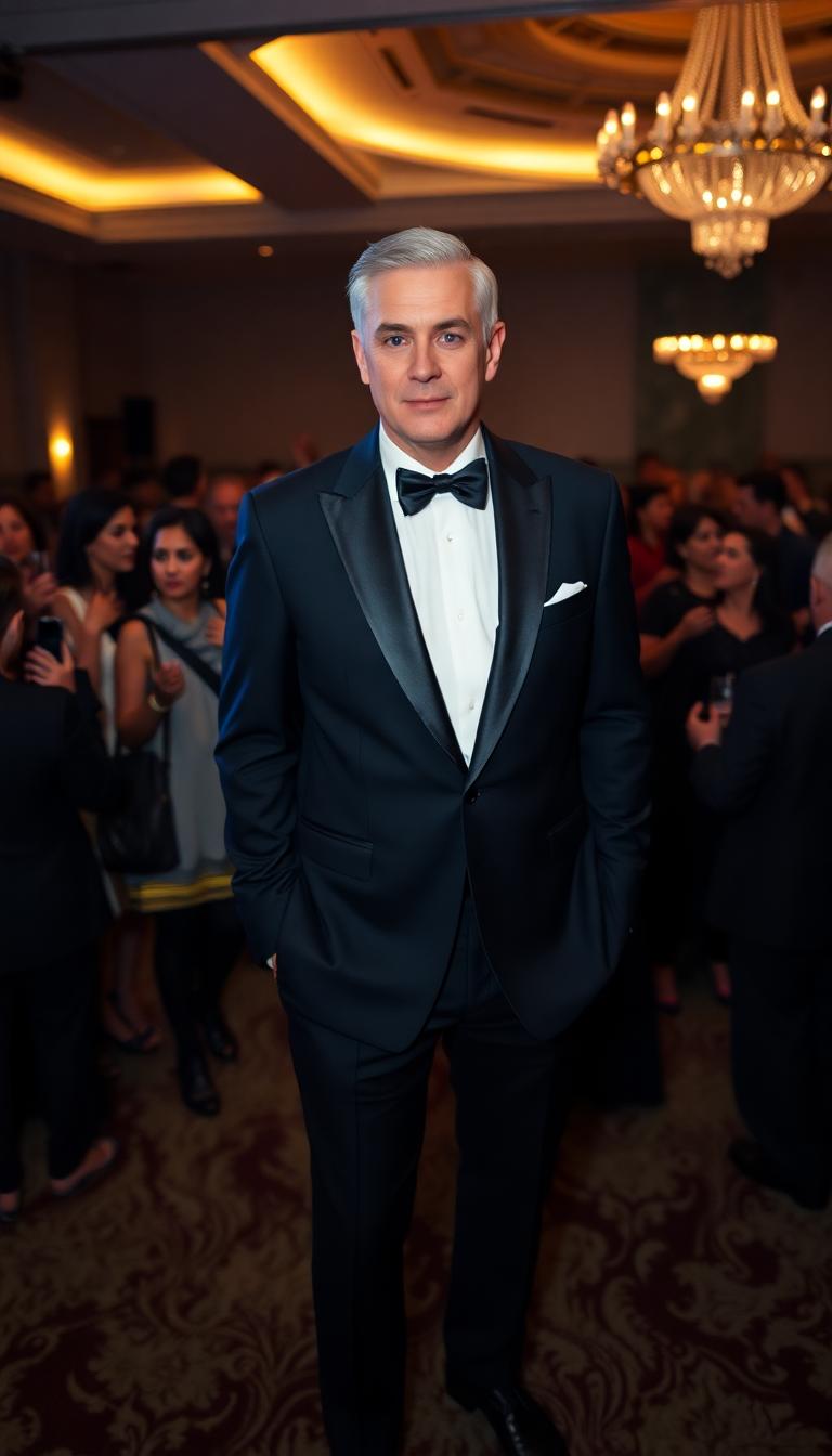 Black tie & tuxedo. Black dress shoes. Neatly cut grey hair. Mid 40s man. Blue eyes, standing in the center of a large ballroom full of party goers.