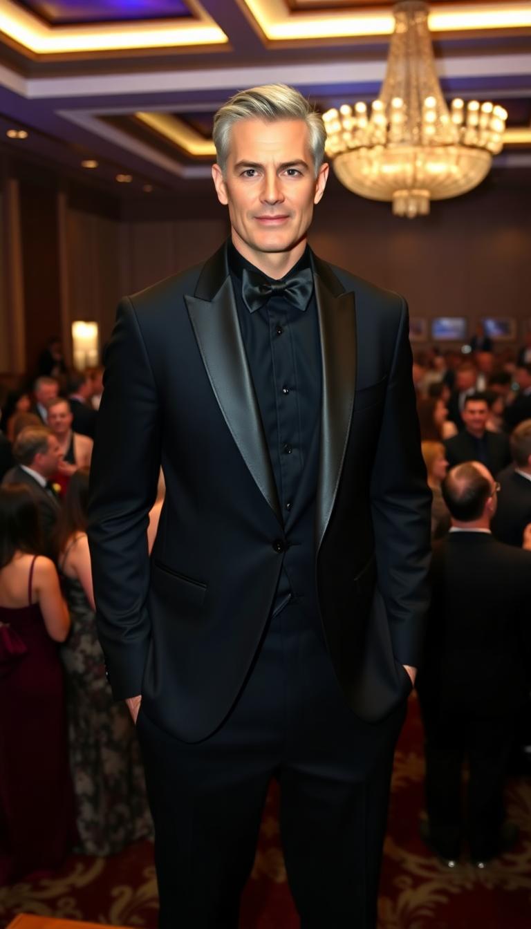 Black bow tie & tuxedo. Black dress shoes. Neatly cut grey hair. Mid 40s athletic man. Blue eyes, standing in the center of a large ballroom full of party goers.