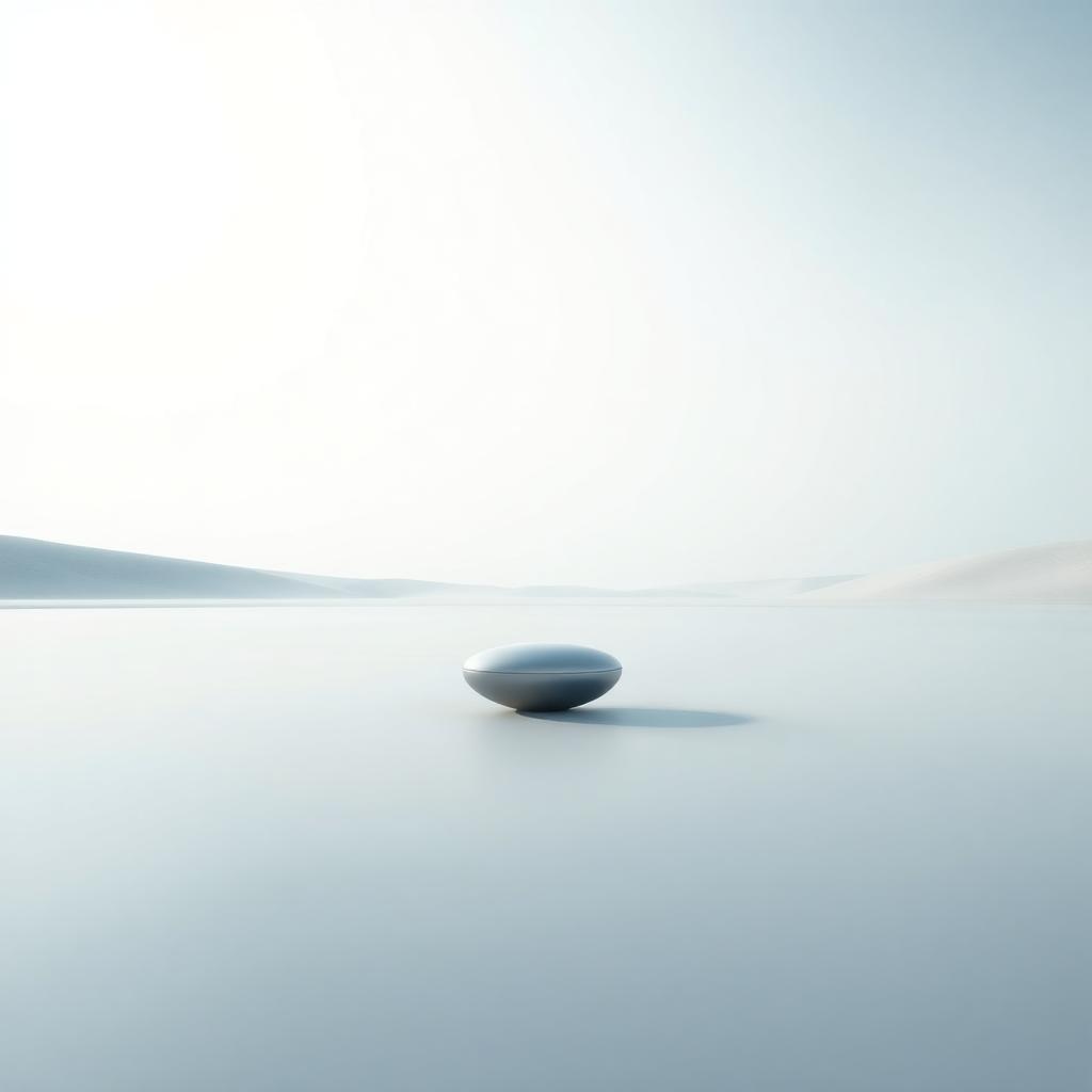 A serene test scene featuring a minimalist landscape, with a single, sleek metallic object as the focal point, resting on a smooth, reflective surface. The object is illuminated by soft, natural light filtering through a diffused, overcast sky, casting subtle shadows with a gentle gradient. The color palette consists of cool silvers and muted grays, contrasted by a faint hint of pale blue in the background. The composition is centered, with a low camera angle emphasizing the object's reflective texture and creating a sense of depth. The mood is calm and contemplative, evoking a quiet, futuristic ambiance. The style is inspired by modern minimalist photography, with sharp focus, high detail, and a clean, uncluttered frame. Rendered in 8K resolution, with an emphasis on photorealistic textures and precise lighting.