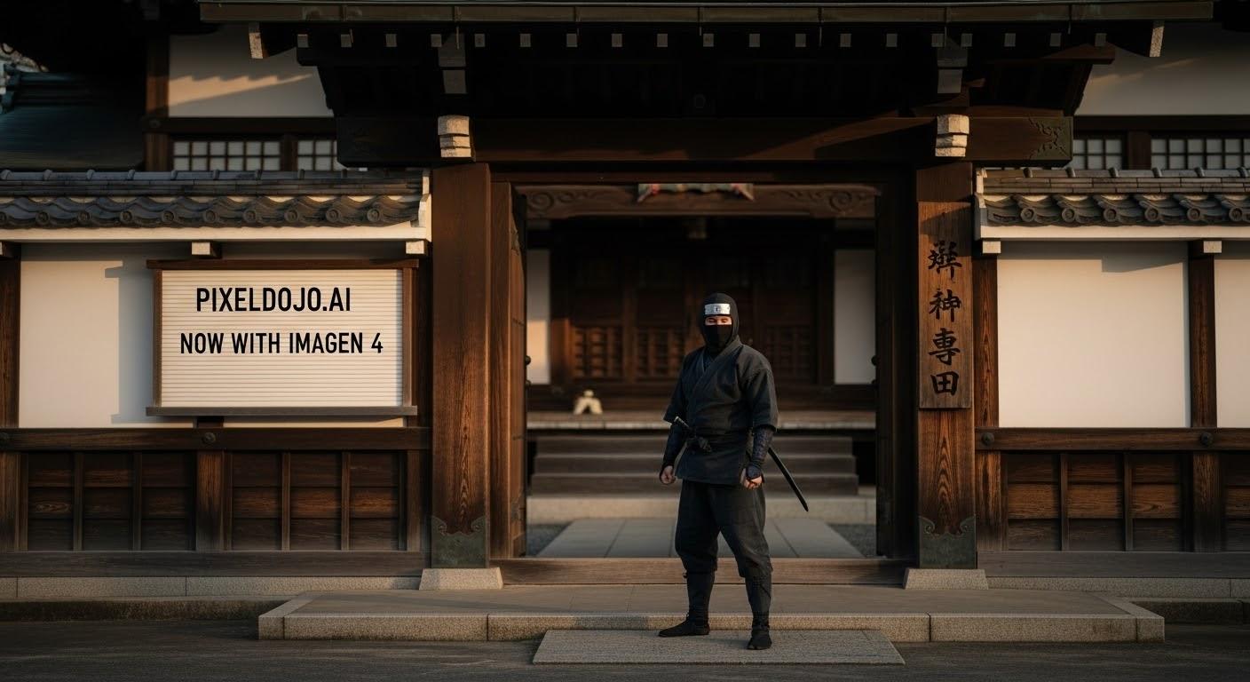a photo of a ninja in front of a japanese dojo. on the wall a sign reads PixelDojo.ai Now with Imagen 4
