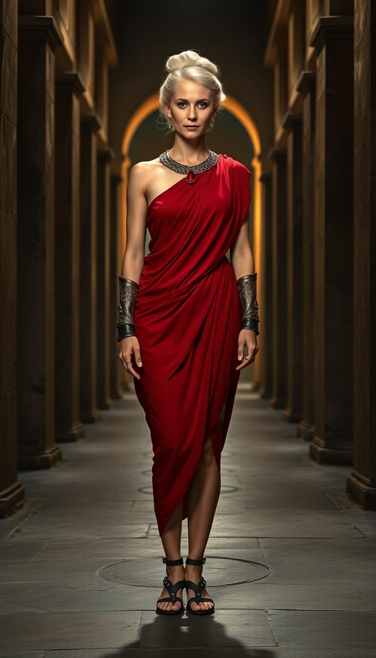 Tall statuesque mid 50s roman woman. White hair in an elegant updo. Wearing a crimson toga praetexta. And black gladiator sandals, on her wrists she wears metal armbands decorated with intricate engravings. Around her neck is an elegantly carved collar with a single bright ruby. Standing in a large ancient Roman hallway at night