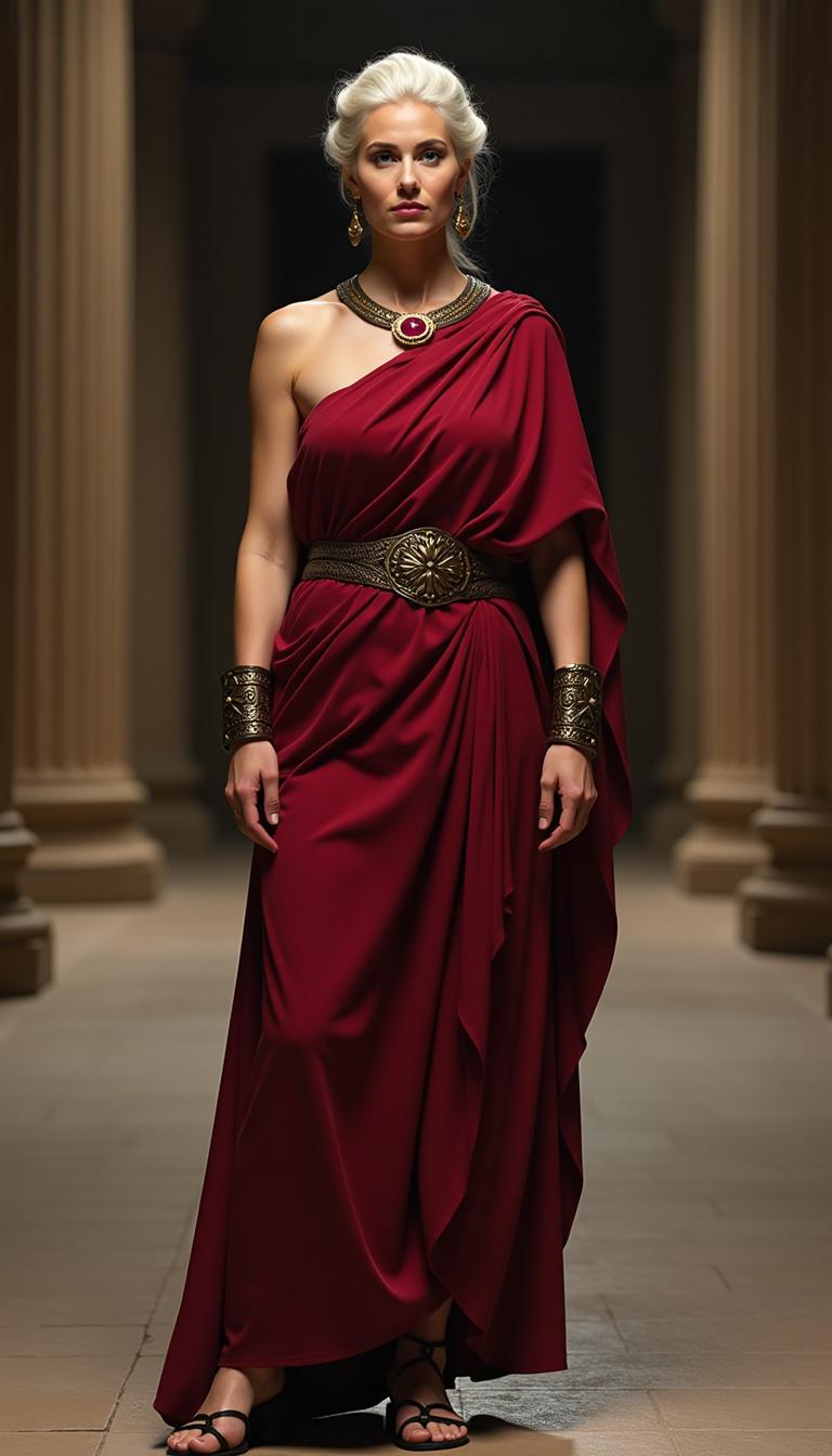 Tall statuesque mid 50s roman woman. White hair in an elegant updo. Wearing a crimson toga praetexta. And black gladiator sandals, on her wrists she wears metal armbands decorated with intricate engravings. Around her neck is an elegantly carved collar with a single bright ruby. Standing in a large ancient Roman hallway at night
