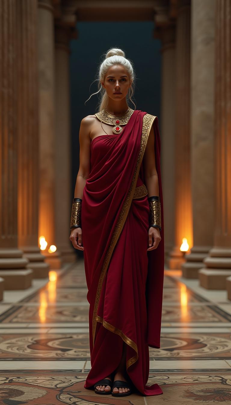 A tall, statuesque Roman woman in her mid-50s, exuding timeless elegance and authority, with striking white hair styled in an intricate, elegant updo adorned with subtle golden pins. She wears a luxurious crimson toga praetexta, the rich fabric draping gracefully over her form with delicate folds catching the light, edged with a deep gold border. Her feet are clad in black gladiator sandals, the leather straps worn yet polished, contrasting with her regal attire. On her wrists, she wears polished metal armbands, intricately engraved with ancient Roman motifs of laurel leaves and geometric patterns, reflecting faint torchlight. Around her neck rests an elegantly carved golden collar, its surface etched with delicate scrollwork, centered with a single, bright ruby that glows like a fiery ember. She stands confidently in the center of a grand ancient Roman hallway at night, the vast space lined with towering marble columns and intricate mosaics on the floor depicting mythological scenes. The architecture is illuminated by the warm, flickering glow of oil lamps and torches mounted on the walls, casting dramatic shadows across the polished stone surfaces. The atmosphere is serene yet imposing, with a cool night breeze subtly stirring the air, carrying the faint scent of burning oil. The composition focuses on the woman as the central figure, framed by the symmetrical columns, captured from a low angle to emphasize her commanding presence and the grandeur of the surroundings. The style is inspired by classical Roman portraiture and historical realism, with meticulous attention to texture, detail, and soft, ambient lighting to evoke the mood of a powerful, introspective moment in ancient Rome.