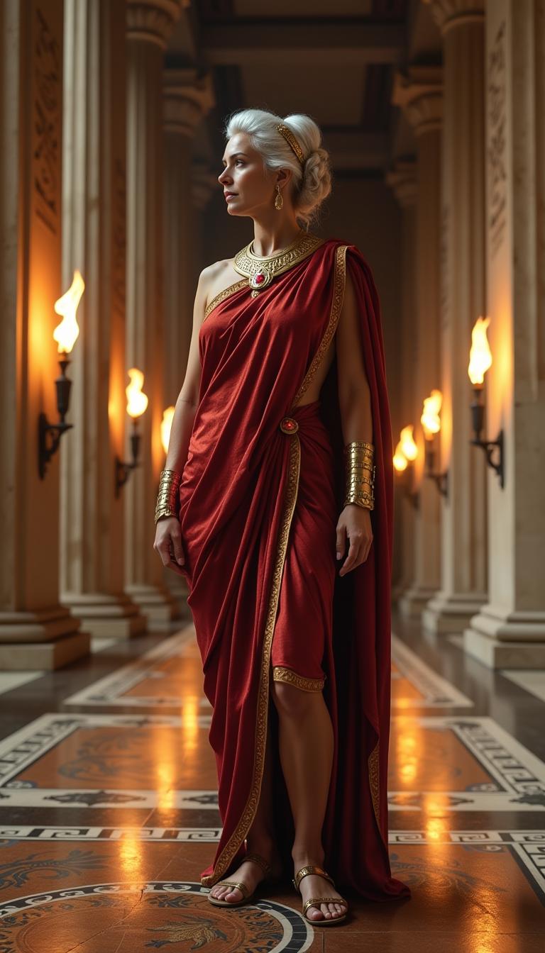 A tall, statuesque Roman woman in her mid-50s, exuding timeless elegance and authority, with striking white hair styled in an intricate, elegant updo adorned with subtle golden pins. She wears a luxurious shimmering metallic crimson toga praetexta, the rich fabric draping gracefully over her form with delicate folds catching the light, edged with a deep gold border. Her feet are clad in gold gladiator sandals, the leather straps shiny and polished, contrasting with her regal attire. On her wrists, she wears polished metal armbands, intricately engraved with ancient Roman motifs of laurel leaves and geometric patterns, reflecting faint torchlight. Around her neck rests an elegantly carved golden collar, its surface etched with delicate scrollwork, centered with a single, bright ruby that glows like a fiery ember. She stands confidently in the center of a grand ancient Roman hallway at night, the vast space lined with towering marble columns and intricate mosaics on the floor depicting mythological scenes. The architecture is illuminated by the warm, flickering glow of oil lamps and torches mounted on the walls, casting dramatic shadows across the polished stone surfaces. The atmosphere is serene yet imposing, with a cool night breeze subtly stirring the air, carrying the faint scent of burning oil. The composition focuses on the woman as the central figure, framed by the symmetrical columns, captured from a low angle to emphasize her commanding presence and the grandeur of the surroundings. The style is inspired by classical Roman portraiture and historical realism, with meticulous attention to texture, detail, and soft, ambient lighting to evoke the mood of a powerful, introspective moment in ancient Rome.