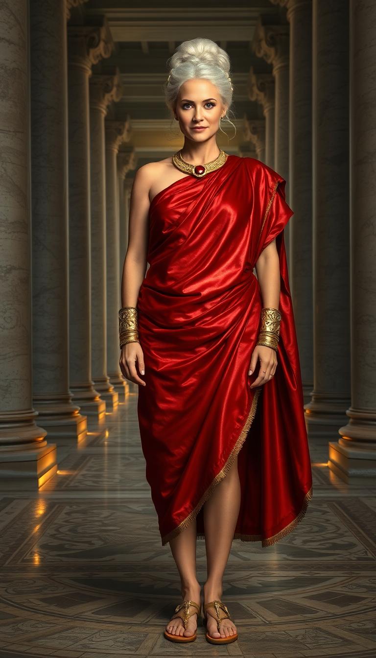 A tall, statuesque Roman woman in her mid-50s, exuding timeless elegance and authority, with striking white hair styled in an intricate, elegant updo adorned with subtle golden pins. She wears a luxurious shimmering metallic crimson toga praetexta, the rich fabric draping gracefully over her form with delicate folds catching the light, edged with a deep gold border. Her feet are clad in gold gladiator sandals, the leather straps shiny and polished, contrasting with her regal attire. On her wrists, she wears polished metal armbands, intricately engraved with ancient Roman motifs of laurel leaves and geometric patterns, reflecting faint torchlight. Around her neck rests an elegantly carved golden collar, its surface etched with delicate scrollwork, centered with a single, bright ruby that glows like a fiery ember. She stands confidently in the center of a grand ancient Roman hallway at night, the vast space lined with towering marble columns and intricate mosaics on the floor depicting mythological scenes. The architecture is illuminated by the warm, flickering glow of oil lamps and torches mounted on the walls, casting dramatic shadows across the polished stone surfaces. The atmosphere is serene yet imposing, with a cool night breeze subtly stirring the air, carrying the faint scent of burning oil. The composition focuses on the woman as the central figure, framed by the symmetrical columns, captured from a low angle to emphasize her commanding presence and the grandeur of the surroundings. The style is inspired by classical Roman portraiture and historical realism, with meticulous attention to texture, detail, and soft, ambient lighting to evoke the mood of a powerful, introspective moment in ancient Rome.