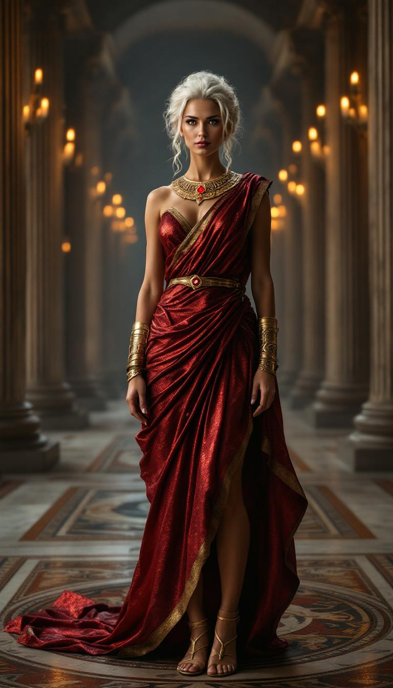 A tall, statuesque Roman woman in her mid-40s, exuding timeless elegance and authority, with striking white hair styled in an intricate, elegant updo adorned with subtle golden pins. She wears a luxurious shimmering metallic crimson toga praetexta, the rich fabric draping gracefully over her form with delicate folds catching the light, edged with a deep gold border. Her feet are clad in gold gladiator sandals, the leather straps shiny and polished, contrasting with her regal attire. On her wrists, she wears polished metal armbands, intricately engraved with ancient Roman motifs of laurel leaves and geometric patterns, reflecting faint torchlight. Around her neck rests an elegantly carved golden collar, its surface etched with delicate scrollwork, centered with a single, bright ruby that glows like a fiery ember. She stands confidently in the center of a grand ancient Roman hallway at night, the vast space lined with towering marble columns and intricate mosaics on the floor depicting mythological scenes. The architecture is illuminated by the warm, flickering glow of oil lamps and torches mounted on the walls, casting dramatic shadows across the polished stone surfaces. The atmosphere is serene yet imposing, with a cool night breeze subtly stirring the air, carrying the faint scent of burning oil. The composition focuses on the woman as the central figure, framed by the symmetrical columns, captured from a low angle to emphasize her commanding presence and the grandeur of the surroundings. The style is inspired by classical Roman portraiture and historical realism, with meticulous attention to texture, detail, and soft, ambient lighting to evoke the mood of a powerful, introspective moment in ancient Rome.
