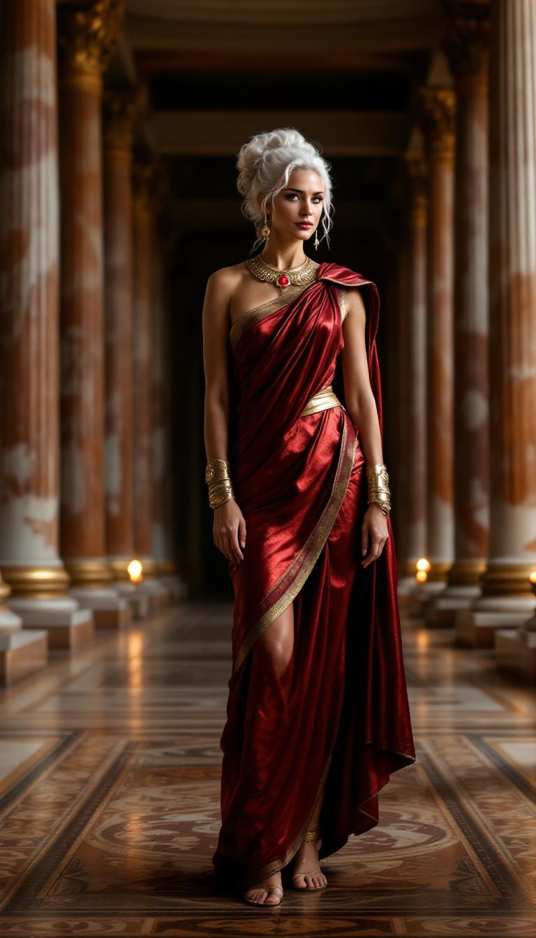 A tall, statuesque Roman woman in her mid-60s, exuding timeless elegance and authority, with striking white hair styled in an intricate, elegant updo adorned with subtle golden pins. She wears a luxurious shimmering metallic crimson toga praetexta, the rich fabric draping gracefully over her form with delicate folds catching the light, edged with a deep gold border. Her feet are clad in gold gladiator sandals, the leather straps shiny and polished, contrasting with her regal attire. On her wrists, she wears polished metal armbands, intricately engraved with ancient Roman motifs of laurel leaves and geometric patterns, reflecting faint torchlight. Around her neck rests an elegantly carved golden collar, its surface etched with delicate scrollwork, centered with a single, bright ruby that glows like a fiery ember. She stands confidently in the center of a grand ancient Roman hallway at night, the vast space lined with towering marble columns and intricate mosaics on the floor depicting mythological scenes. The architecture is illuminated by the warm, flickering glow of oil lamps and torches mounted on the walls, casting dramatic shadows across the polished stone surfaces. The atmosphere is serene yet imposing, with a cool night breeze subtly stirring the air, carrying the faint scent of burning oil. The composition focuses on the woman as the central figure, framed by the symmetrical columns, captured from a low angle to emphasize her commanding presence and the grandeur of the surroundings. The style is inspired by classical Roman portraiture and historical realism, with meticulous attention to texture, detail, and soft, ambient lighting to evoke the mood of a powerful, introspective moment in ancient Rome.