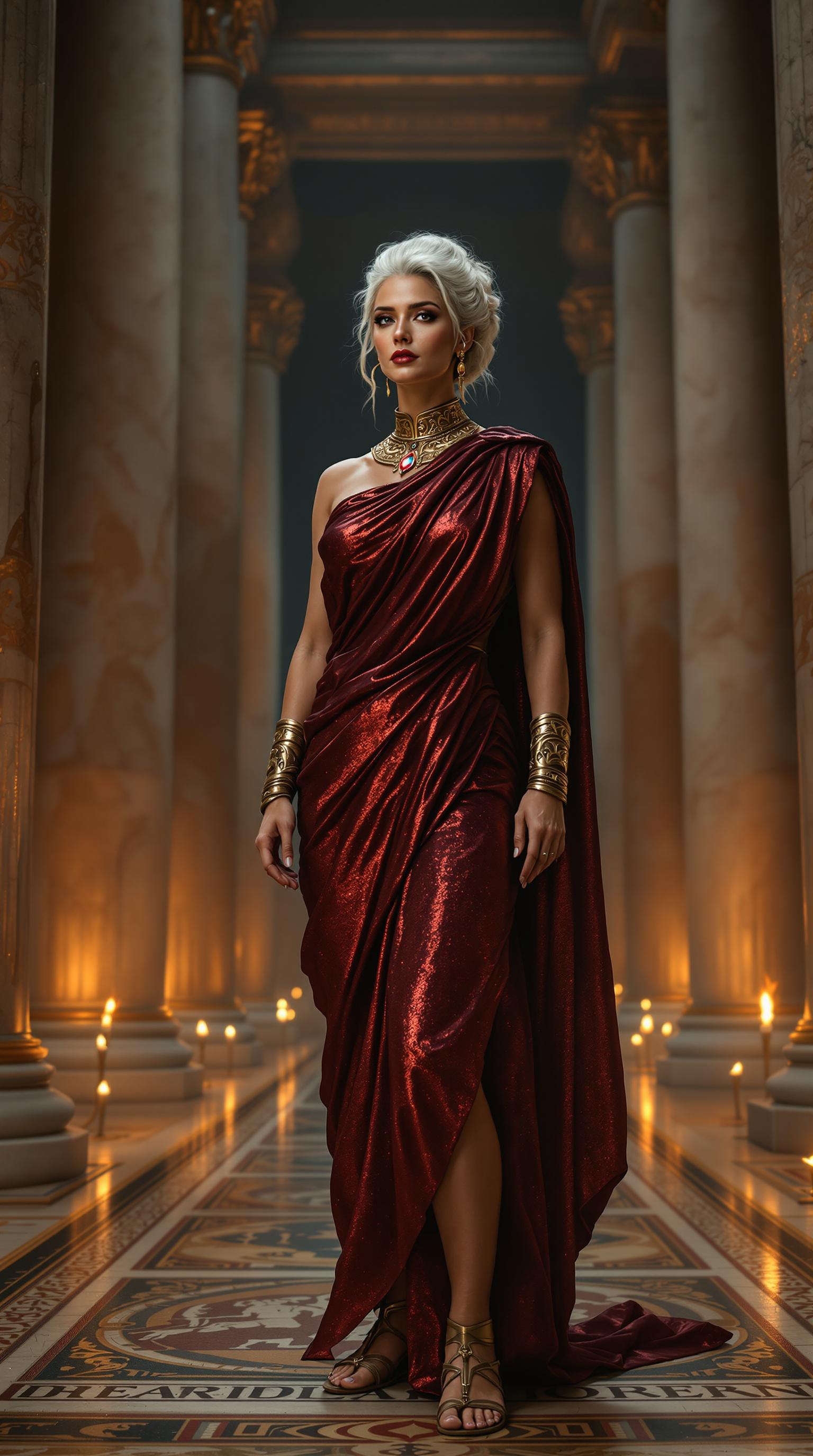 A tall, statuesque Roman woman in her mid-60s, exuding timeless elegance and authority, with striking white hair styled in an intricate, elegant updo adorned with subtle golden pins. She wears a luxurious shimmering metallic crimson toga praetexta, the rich fabric draping gracefully over her form with delicate folds catching the light, edged with a deep gold border. Her feet are clad in gold gladiator sandals, the leather straps shiny and polished, contrasting with her regal attire. On her wrists, she wears polished metal armbands, intricately engraved with ancient Roman motifs of laurel leaves and geometric patterns, reflecting faint torchlight. Around her neck rests an elegantly carved golden collar, its surface etched with delicate scrollwork, centered with a single, bright ruby that glows like a fiery ember. She stands confidently in the center of a grand ancient Roman hallway at night, the vast space lined with towering marble columns and intricate mosaics on the floor depicting mythological scenes. The architecture is illuminated by the warm, flickering glow of oil lamps and torches mounted on the walls, casting dramatic shadows across the polished stone surfaces. The atmosphere is serene yet imposing, with a cool night breeze subtly stirring the air, carrying the faint scent of burning oil. The composition focuses on the woman as the central figure, framed by the symmetrical columns, captured from a low angle to emphasize her commanding presence and the grandeur of the surroundings. The style is inspired by classical Roman portraiture and historical realism, with meticulous attention to texture, detail, and soft, ambient lighting to evoke the mood of a powerful, introspective moment in ancient Rome.