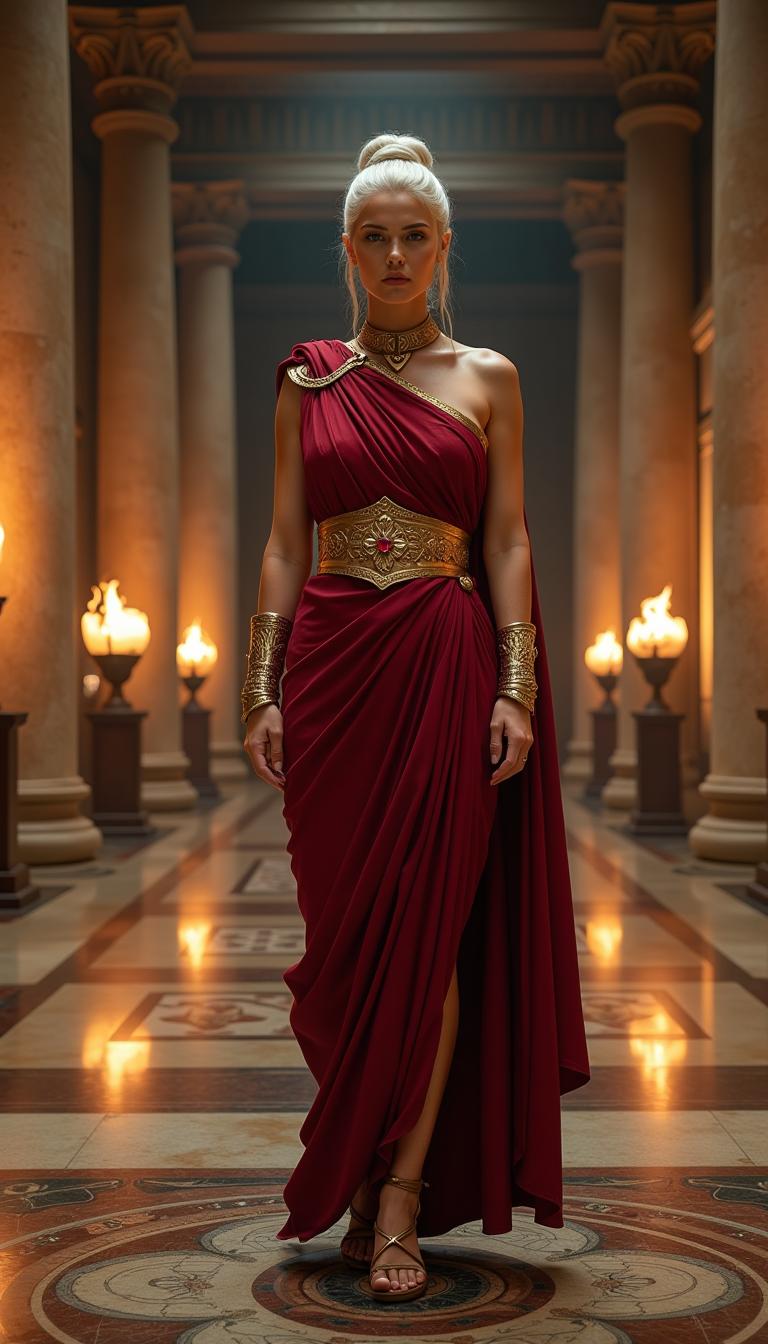 A commanding Roman woman in her mid-30s, embodying timeless elegance and authority, stands as the focal point of the scene. Her striking white hair is styled in an intricate, elegant updo, adorned with subtle golden pins that shimmer faintly in the ambient light. She is draped in a shiny crimson latex toga praetexta, the rich, reflective fabric cascading in graceful folds that catch the light with a subtle sheen, edged with a deep gold border that adds a regal contrast. Her feet are adorned with polished gold gladiator sandals, the leather straps gleaming as they crisscross her ankles, grounding her majestic presence. Polished metal armbands, intricately engraved with ancient Roman motifs of laurel leaves and geometric patterns, encircle her wrists, reflecting the faint, warm glow of nearby torchlight. Around her neck lies an elegantly carved golden collar, its surface etched with delicate scrollwork, centered by a single, bright ruby that glows like a fiery ember, drawing the eye. She stands confidently in the center of a grand ancient Roman hallway at night, surrounded by towering marble columns with finely carved capitals, their surfaces smooth and cool to the touch. The floor beneath her is adorned with intricate mosaics depicting mythological scenes, their vibrant tesserae subtly illuminated. The vast space is bathed in the warm, flickering glow of oil lamps and torches mounted on the walls, casting dramatic, dancing shadows across the polished stone surfaces, enhancing the depth and texture of the architecture. The atmosphere is serene yet imposing, with a cool night breeze gently stirring the air, carrying the faint, earthy scent of burning oil. The composition is framed from a low angle, emphasizing her commanding stature and the monumental grandeur of the surroundings, with the symmetrical columns creating a powerful, balanced perspective that draws the viewer’s gaze toward her. The style is rooted in classical Roman portraiture and historical realism, with meticulous attention to the texture of fabrics, the reflective sheen of metals, and the intricate details of the engravings and mosaics. Soft, ambient lighting enhances the mood, evoking a powerful, introspective moment in ancient Rome, capturing both the weight of history and the quiet strength of the central figure.