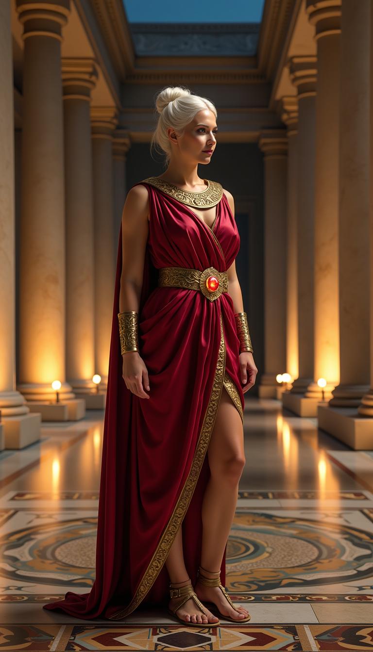 A commanding Roman woman in her mid-20s, embodying timeless elegance and authority, stands as the focal point of the scene. Her striking white hair is styled in an intricate, elegant updo, adorned with subtle golden pins that shimmer faintly in the ambient light. She is draped in a shiny crimson latex toga praetexta, the rich, reflective fabric cascading in graceful folds that catch the light with a subtle sheen, edged with a deep gold border that adds a regal contrast. Her feet are adorned with polished gold gladiator sandals, the leather straps gleaming as they crisscross her ankles, grounding her majestic presence. Polished metal armbands, intricately engraved with ancient Roman motifs of laurel leaves and geometric patterns, encircle her wrists, reflecting the faint, warm glow of nearby torchlight. Around her neck lies an elegantly carved golden collar, its surface etched with delicate scrollwork, centered by a single, bright ruby that glows like a fiery ember, drawing the eye. She stands confidently in the center of a grand ancient Roman hallway at night, surrounded by towering marble columns with finely carved capitals, their surfaces smooth and cool to the touch. The floor beneath her is adorned with intricate mosaics depicting mythological scenes, their vibrant tesserae subtly illuminated. The vast space is bathed in the warm, flickering glow of oil lamps and torches mounted on the walls, casting dramatic, dancing shadows across the polished stone surfaces, enhancing the depth and texture of the architecture. The atmosphere is serene yet imposing, with a cool night breeze gently stirring the air, carrying the faint, earthy scent of burning oil. The composition is framed from a low angle, emphasizing her commanding stature and the monumental grandeur of the surroundings, with the symmetrical columns creating a powerful, balanced perspective that draws the viewer’s gaze toward her. The style is rooted in classical Roman portraiture and historical realism, with meticulous attention to the texture of fabrics, the reflective sheen of metals, and the intricate details of the engravings and mosaics. Soft, ambient lighting enhances the mood, evoking a powerful, introspective moment in ancient Rome, capturing both the weight of history and the quiet strength of the central figure.