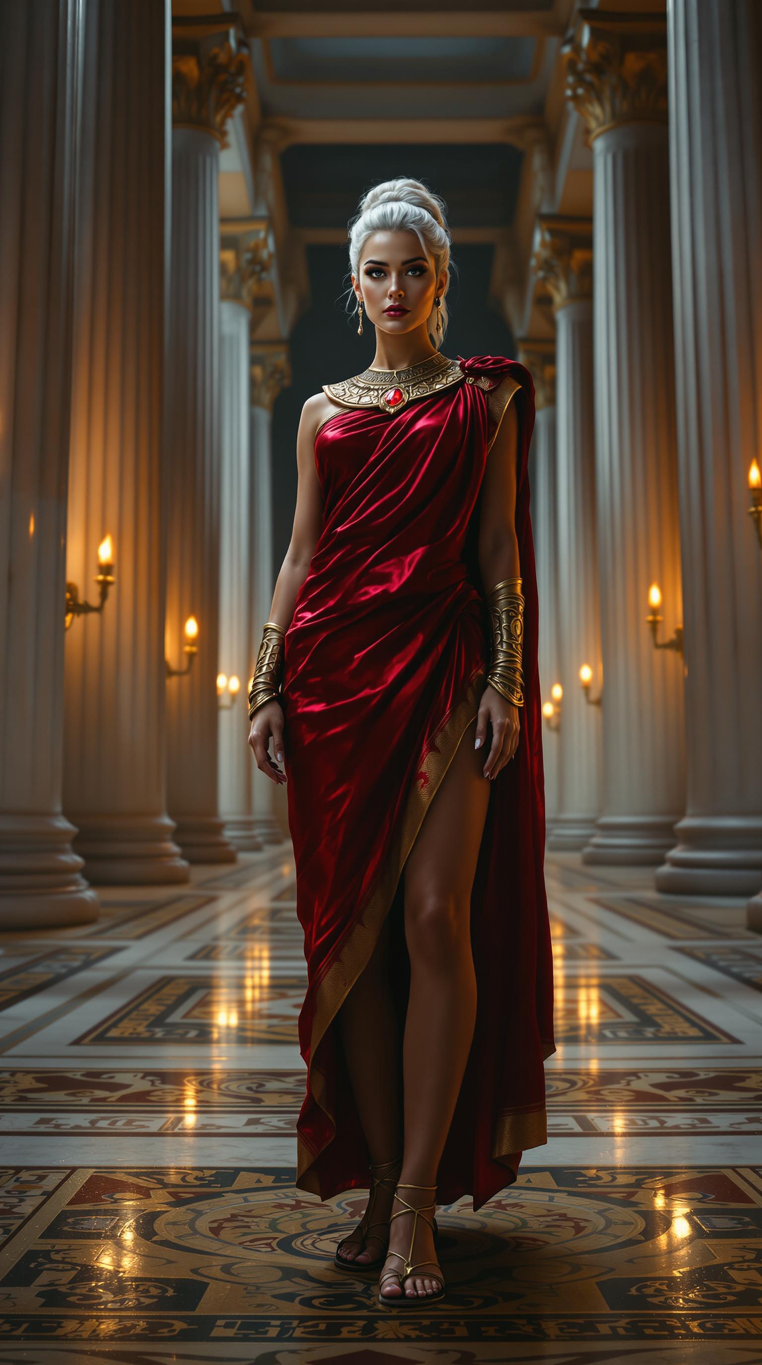 A commanding Roman 19 years old woman, embodying timeless elegance, cruelty and authority, stands as the focal point of the scene. Her striking white hair is styled in an intricate, elegant updo, adorned with subtle golden pins that shimmer faintly in the ambient light. She is draped in a shiny crimson latex toga praetexta, the rich, reflective fabric cascading in graceful folds that catch the light with a subtle sheen, edged with a deep gold border that adds a regal contrast. Her feet are adorned with polished gold gladiator sandals, the leather straps gleaming as they crisscross her ankles, grounding her majestic presence. Polished metal armbands, intricately engraved with ancient Roman motifs of laurel leaves and geometric patterns, encircle her wrists, reflecting the faint, warm glow of nearby torchlight. Around her neck lies an elegantly carved golden collar, its surface etched with delicate scrollwork, centered by a single, bright ruby that glows like a fiery ember, drawing the eye. She stands confidently in the center of a grand ancient Roman hallway at night, surrounded by towering marble columns with finely carved capitals, their surfaces smooth and cool to the touch. The floor beneath her is adorned with intricate mosaics depicting mythological scenes, their vibrant tesserae subtly illuminated. The vast space is bathed in the warm, flickering glow of oil lamps and torches mounted on the walls, casting dramatic, dancing shadows across the polished stone surfaces, enhancing the depth and texture of the architecture. The atmosphere is serene yet imposing, with a cool night breeze gently stirring the air, carrying the faint, earthy scent of burning oil. The composition is framed from a low angle, emphasizing her commanding stature and the monumental grandeur of the surroundings, with the symmetrical columns creating a powerful, balanced perspective that draws the viewer’s gaze toward her. The style is rooted in classical Roman portraiture and historical realism, with meticulous attention to the texture of fabrics, the reflective sheen of metals, and the intricate details of the engravings and mosaics. Soft, ambient lighting enhances the mood, evoking a powerful, introspective moment in ancient Rome, capturing both the weight of history and the quiet strength of the central figure.