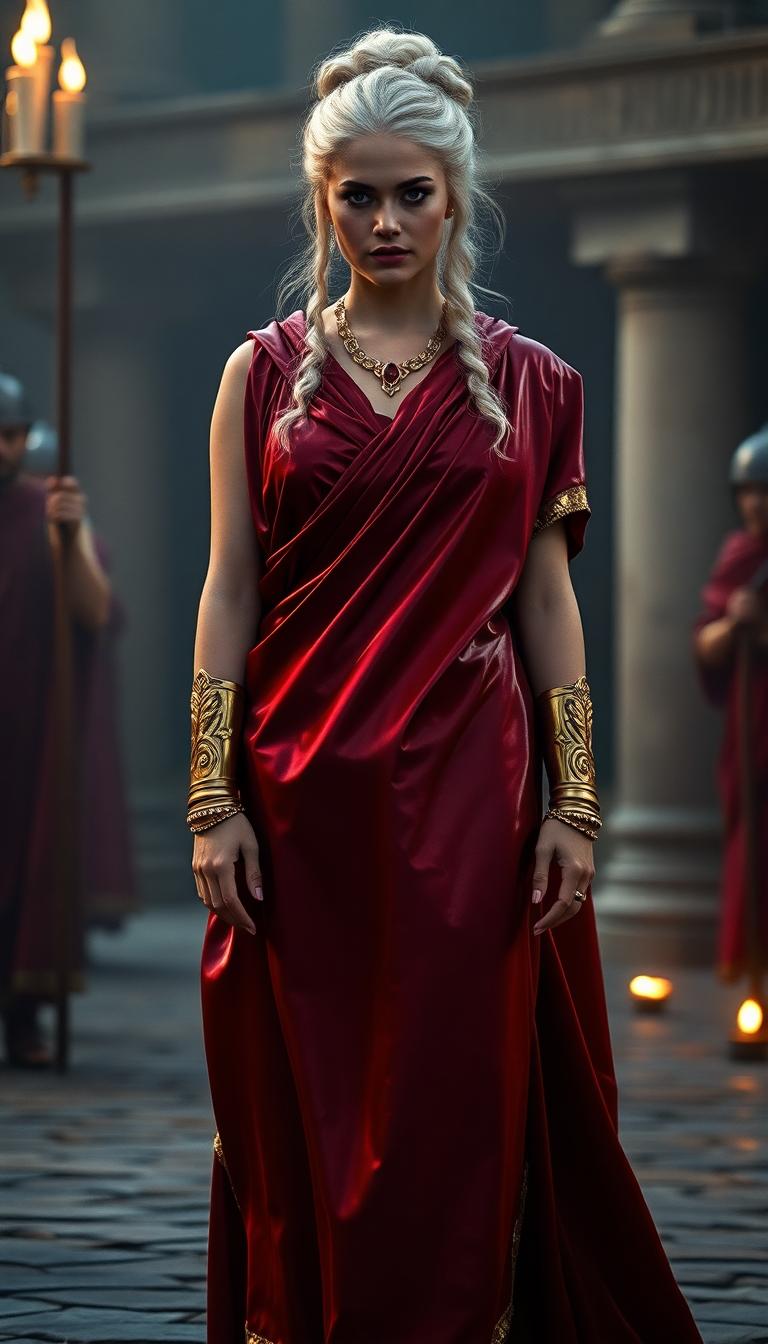 A commanding Roman 19 years old woman, embodying timeless elegance, cruelty and authority, stands as the focal point of the scene. Her striking white hair is styled in an intricate, elegant updo, adorned with subtle golden pins that shimmer faintly in the ambient light. She is draped in a shiny crimson latex toga praetexta, the rich, reflective fabric cascading in graceful folds that catch the light with a subtle sheen, edged with a deep gold border that adds a regal contrast. Her feet are adorned with polished gold gladiator sandals, the leather straps gleaming as they crisscross her ankles, grounding her majestic presence. Polished metal armbands, intricately engraved with ancient Roman motifs of laurel leaves and geometric patterns, encircle her wrists, reflecting the faint, warm glow of nearby torchlight. Around her neck lies an elegantly carved golden collar, its surface etched with delicate scrollwork, centered by a single, bright ruby that glows like a fiery ember, drawing the eye. She stands confidently in the center of a grand ancient Roman hallway at night, surrounded by towering marble columns with finely carved capitals, their surfaces smooth and cool to the touch. The floor beneath her is adorned with intricate mosaics depicting mythological scenes, their vibrant tesserae subtly illuminated. The vast space is bathed in the warm, flickering glow of oil lamps and torches mounted on the walls, casting dramatic, dancing shadows across the polished stone surfaces, enhancing the depth and texture of the architecture. The atmosphere is serene yet imposing, with a cool night breeze gently stirring the air, carrying the faint, earthy scent of burning oil. The composition is framed from a low angle, emphasizing her commanding stature and the monumental grandeur of the surroundings, with the symmetrical columns creating a powerful, balanced perspective that draws the viewer’s gaze toward her. The style is rooted in classical Roman portraiture and historical realism, with meticulous attention to the texture of fabrics, the reflective sheen of metals, and the intricate details of the engravings and mosaics. Soft, ambient lighting enhances the mood, evoking a powerful, introspective moment in ancient Rome, capturing both the weight of history and the quiet strength of the central figure.